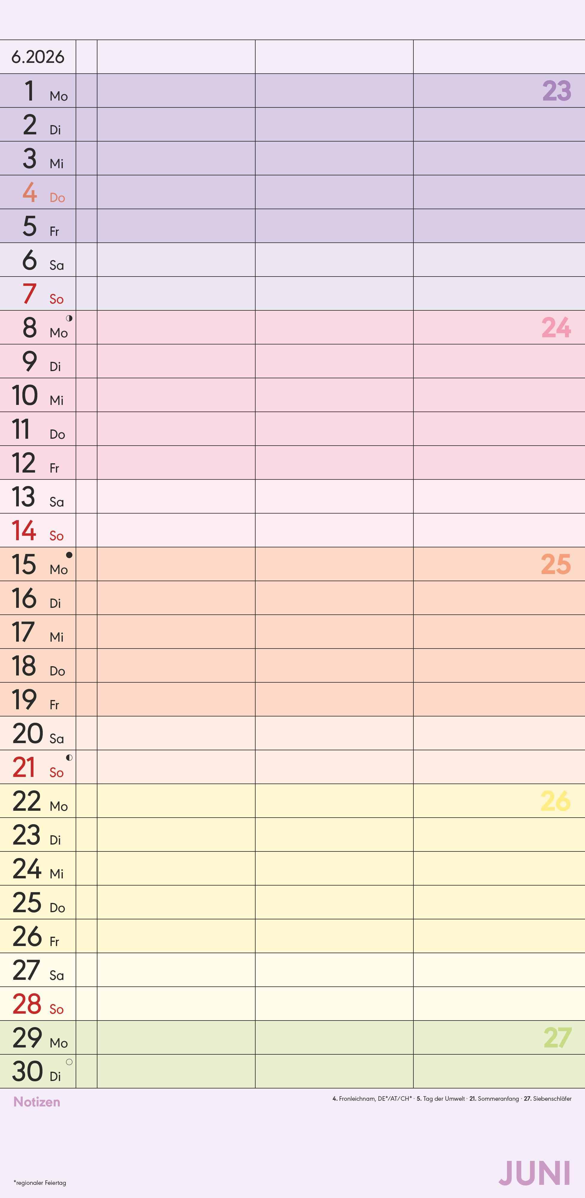 Beispielinhalt (Bild) Superplaner Farbenfroh 2026 - Familien-Timer 22x45 cm - mit Ferienterminen - 3 Spalten - Wand-Planer - mit vielen Zusatzinformationen - Alpha Edition