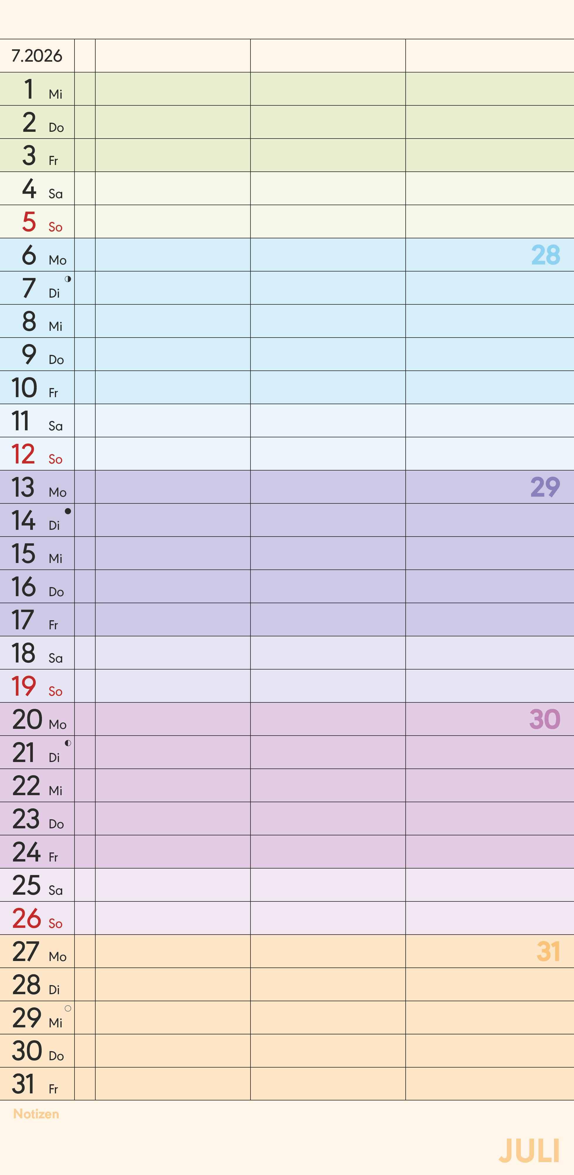 Beispielinhalt (Bild) Superplaner Farbenfroh 2026 - Familien-Timer 22x45 cm - mit Ferienterminen - 3 Spalten - Wand-Planer - mit vielen Zusatzinformationen - Alpha Edition