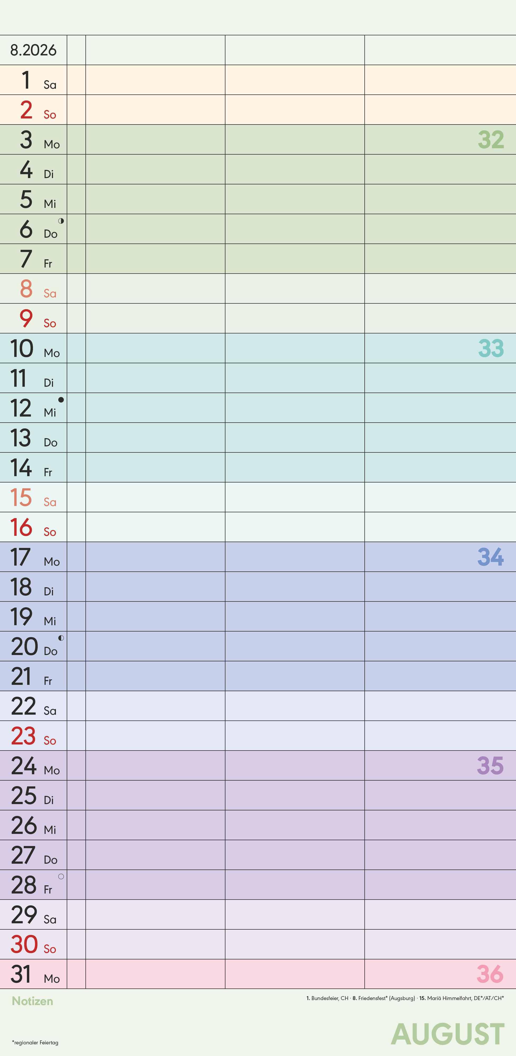 Beispielinhalt (Bild) Superplaner Farbenfroh 2026 - Familien-Timer 22x45 cm - mit Ferienterminen - 3 Spalten - Wand-Planer - mit vielen Zusatzinformationen - Alpha Edition