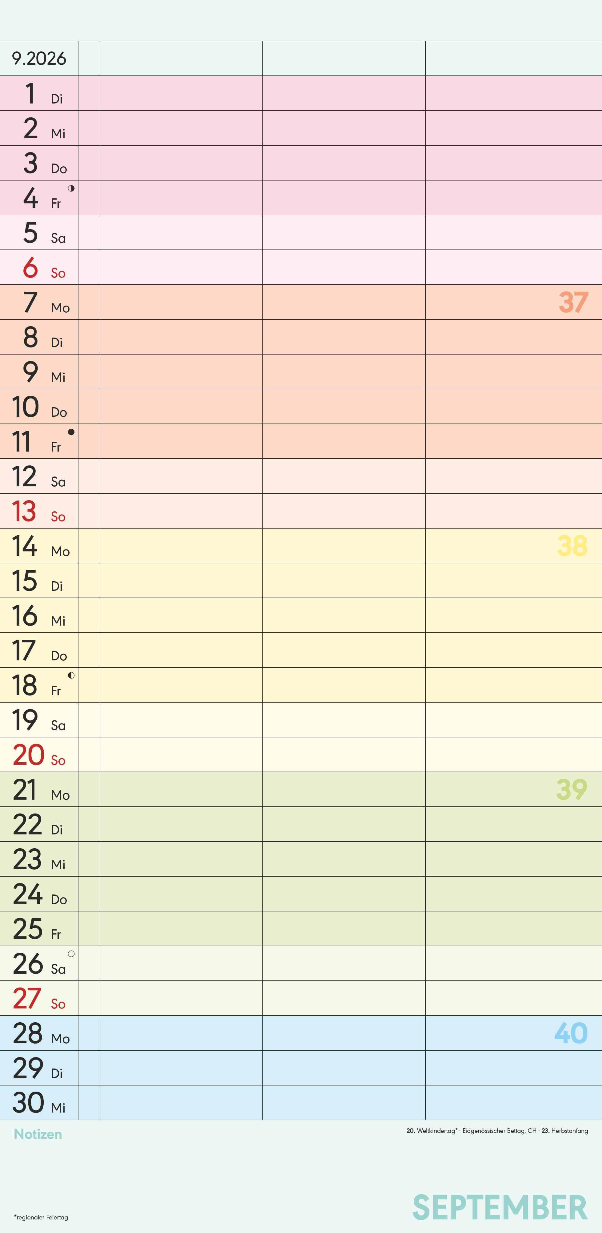 Beispielinhalt (Bild) Superplaner Farbenfroh 2026 - Familien-Timer 22x45 cm - mit Ferienterminen - 3 Spalten - Wand-Planer - mit vielen Zusatzinformationen - Alpha Edition