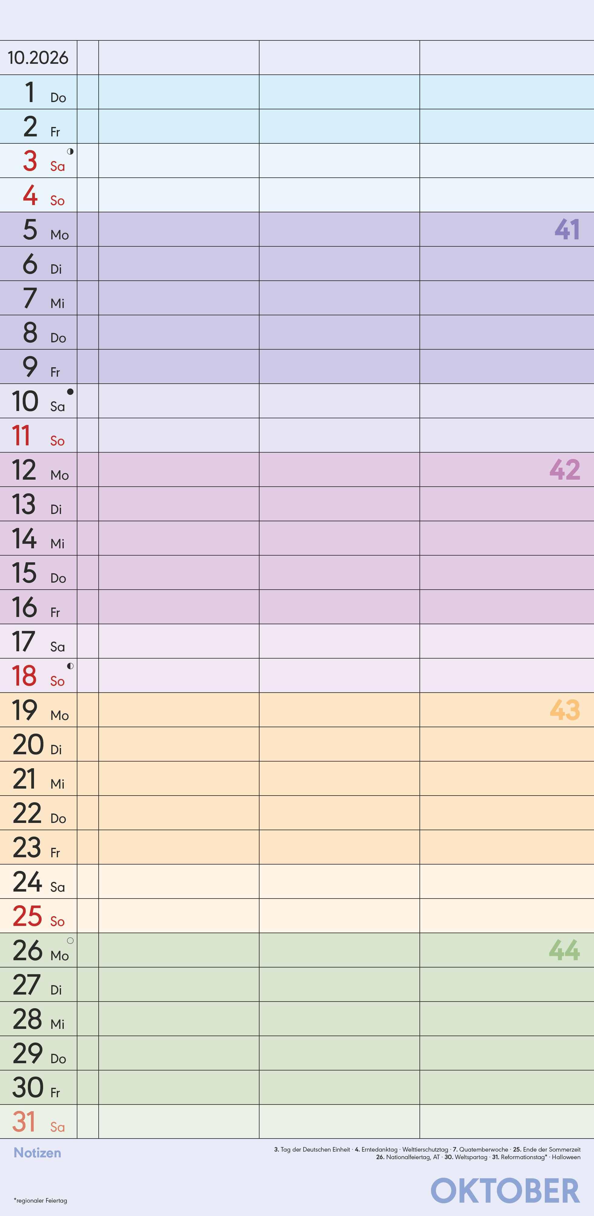 Beispielinhalt (Bild) Superplaner Farbenfroh 2026 - Familien-Timer 22x45 cm - mit Ferienterminen - 3 Spalten - Wand-Planer - mit vielen Zusatzinformationen - Alpha Edition