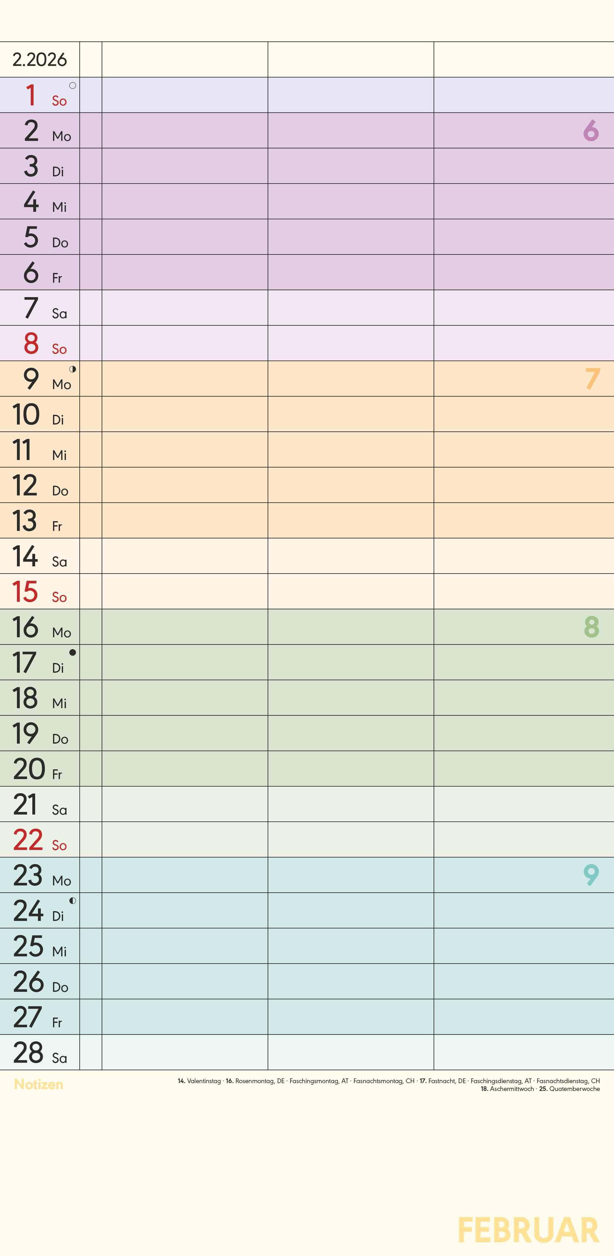 Beispielinhalt (Bild) Superplaner Farbenfroh 2026 - Familien-Timer 22x45 cm - mit Ferienterminen - 3 Spalten - Wand-Planer - mit vielen Zusatzinformationen - Alpha Edition