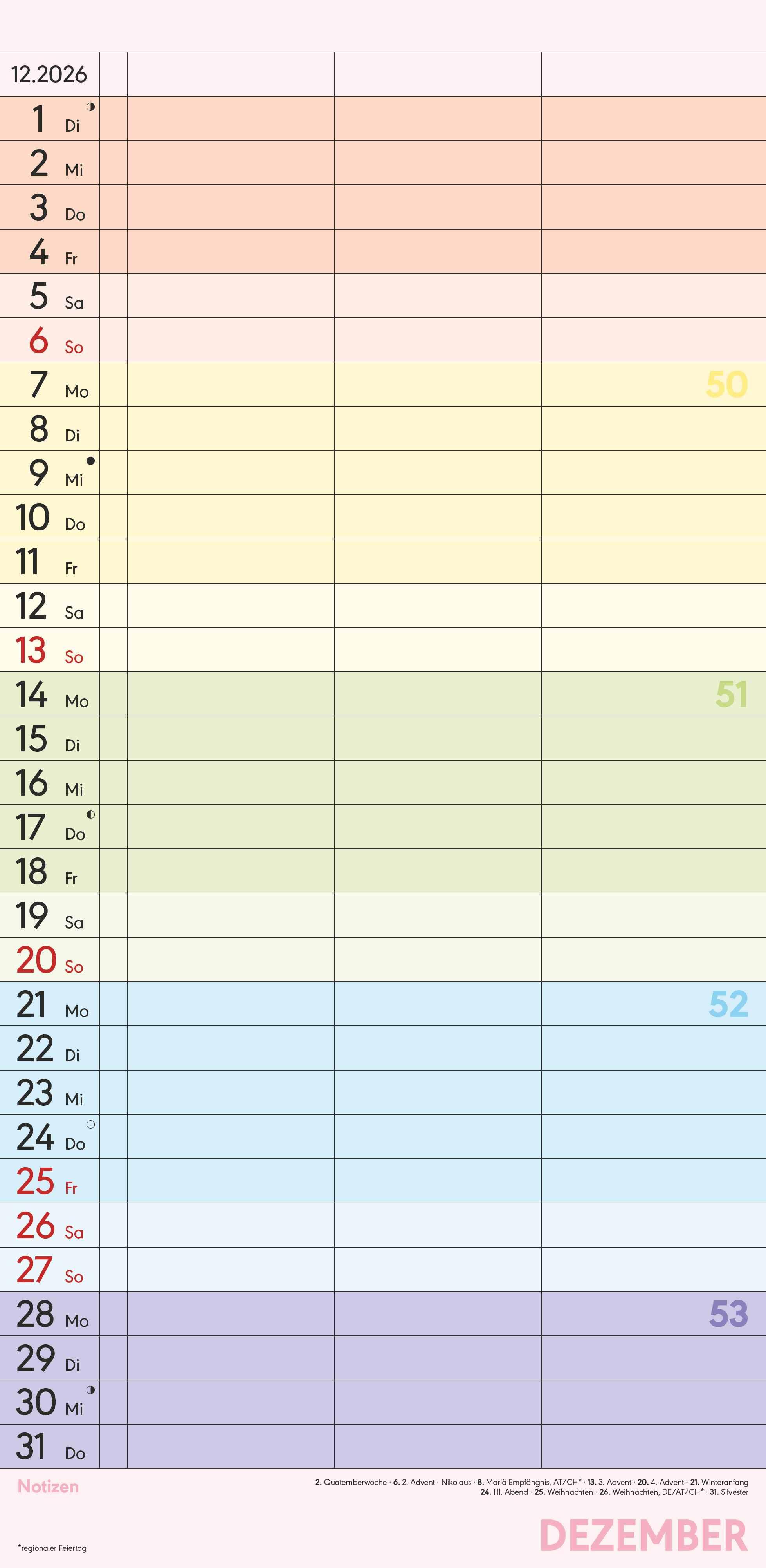Beispielinhalt (Bild) Superplaner Farbenfroh 2026 - Familien-Timer 22x45 cm - mit Ferienterminen - 3 Spalten - Wand-Planer - mit vielen Zusatzinformationen - Alpha Edition