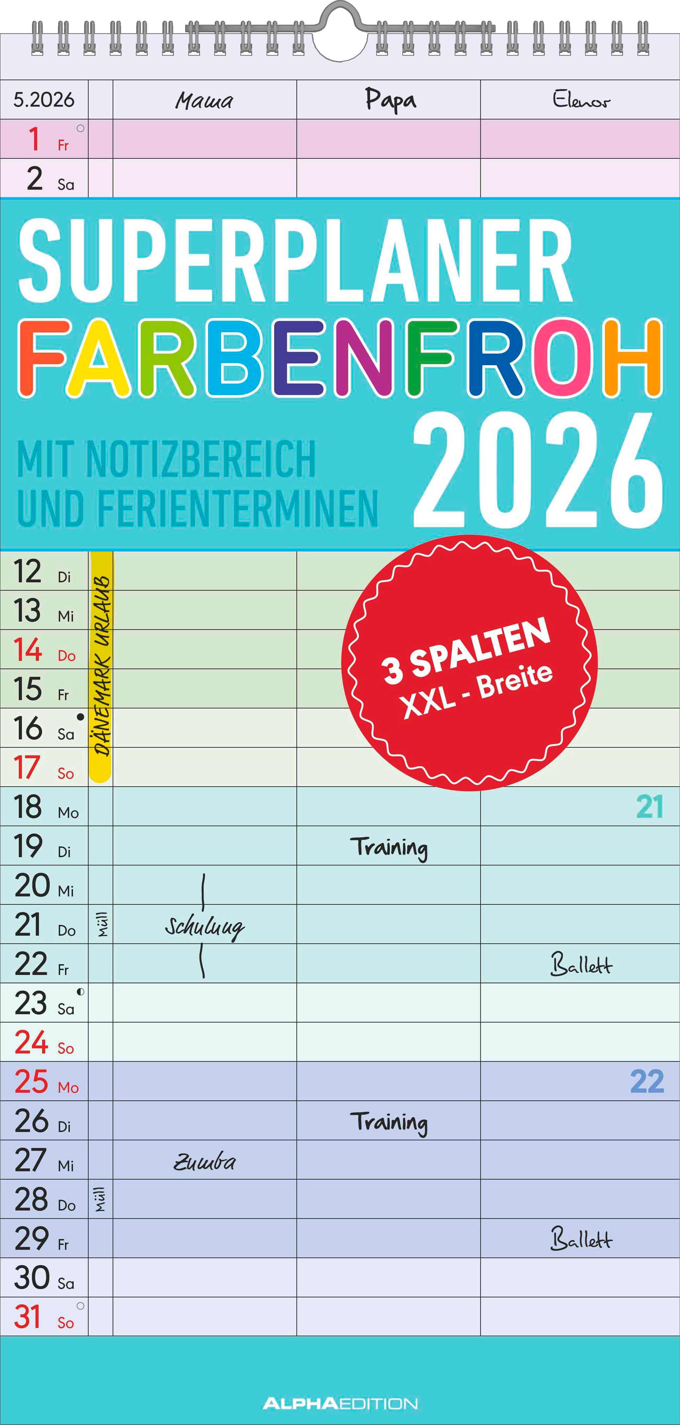 Vorderes Coverbild Superplaner Farbenfroh 2026 - Familien-Timer 22x45 cm - mit Ferienterminen - 3 Spalten - Wand-Planer - mit vielen Zusatzinformationen - Alpha Edition