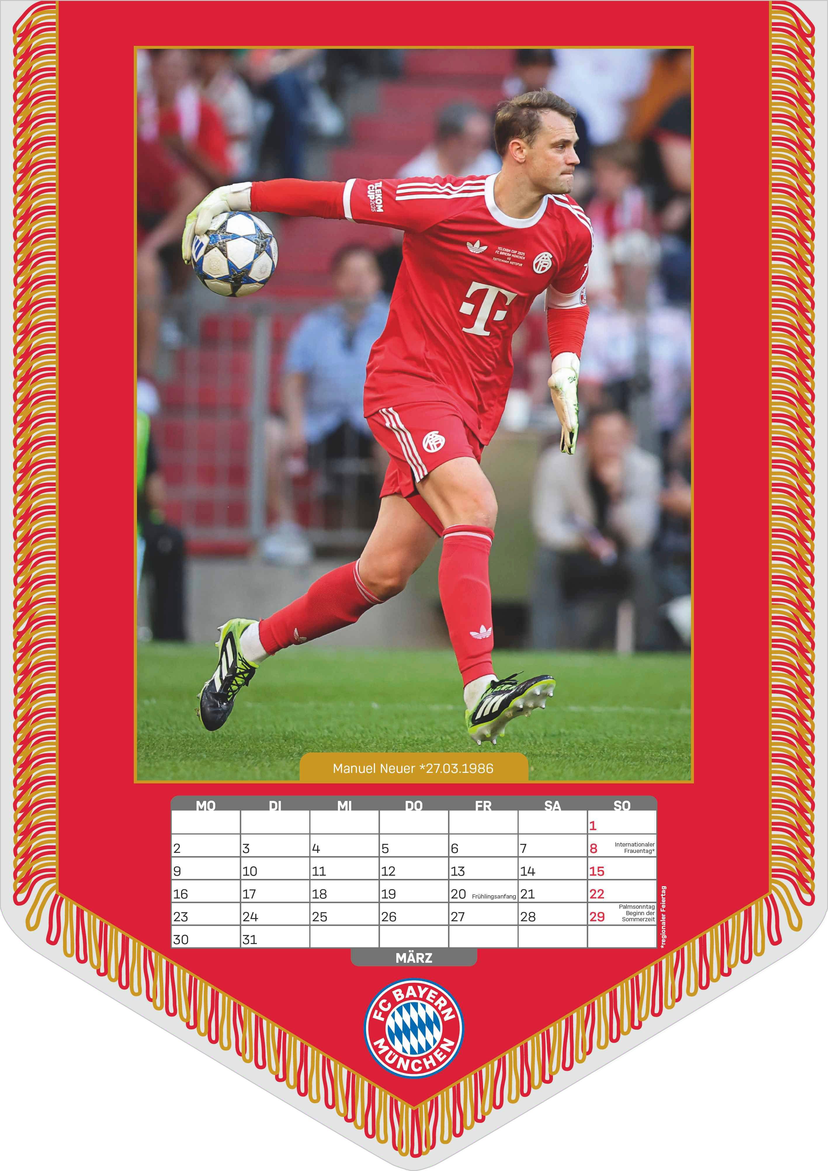 Beispielinhalt (Bild) FC Bayern München 2026 - Mini-Bannerkalender - Fan-Kalender - Fußball-Kalender - 21x29,7 - Sport
