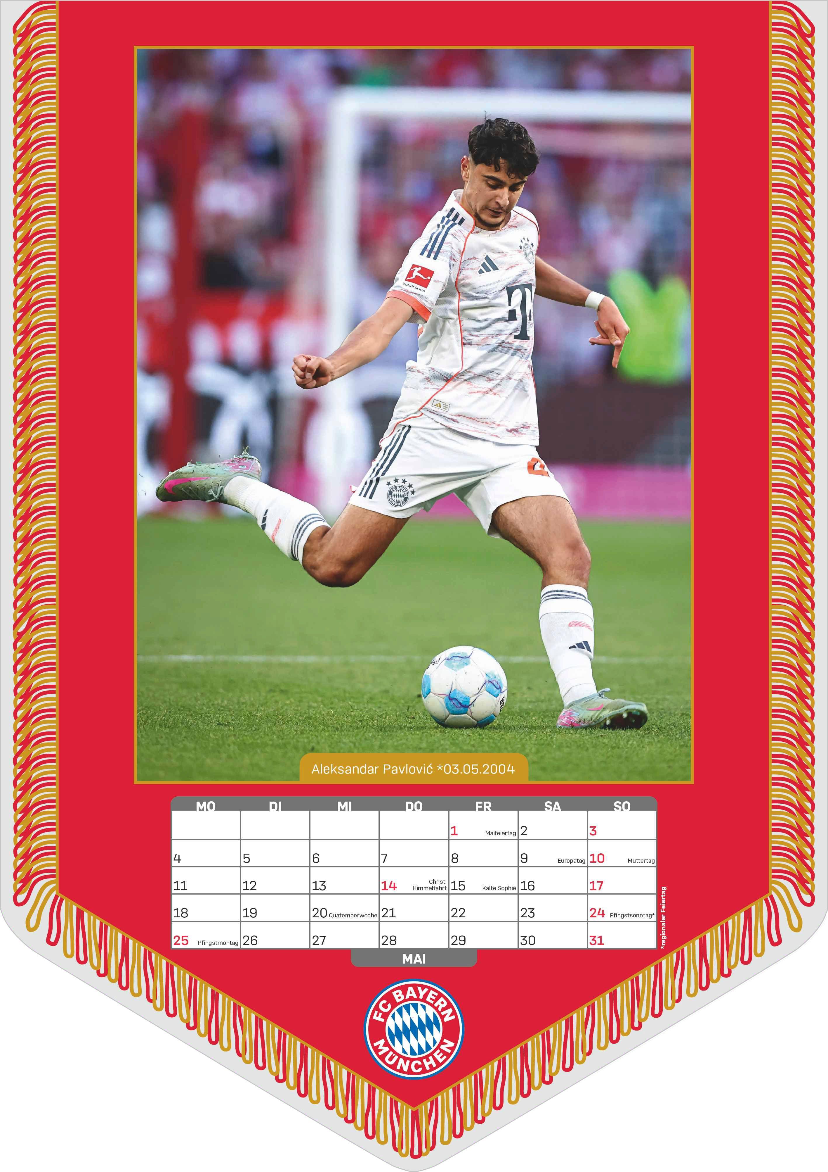 Beispielinhalt (Bild) FC Bayern München 2026 - Mini-Bannerkalender - Fan-Kalender - Fußball-Kalender - 21x29,7 - Sport