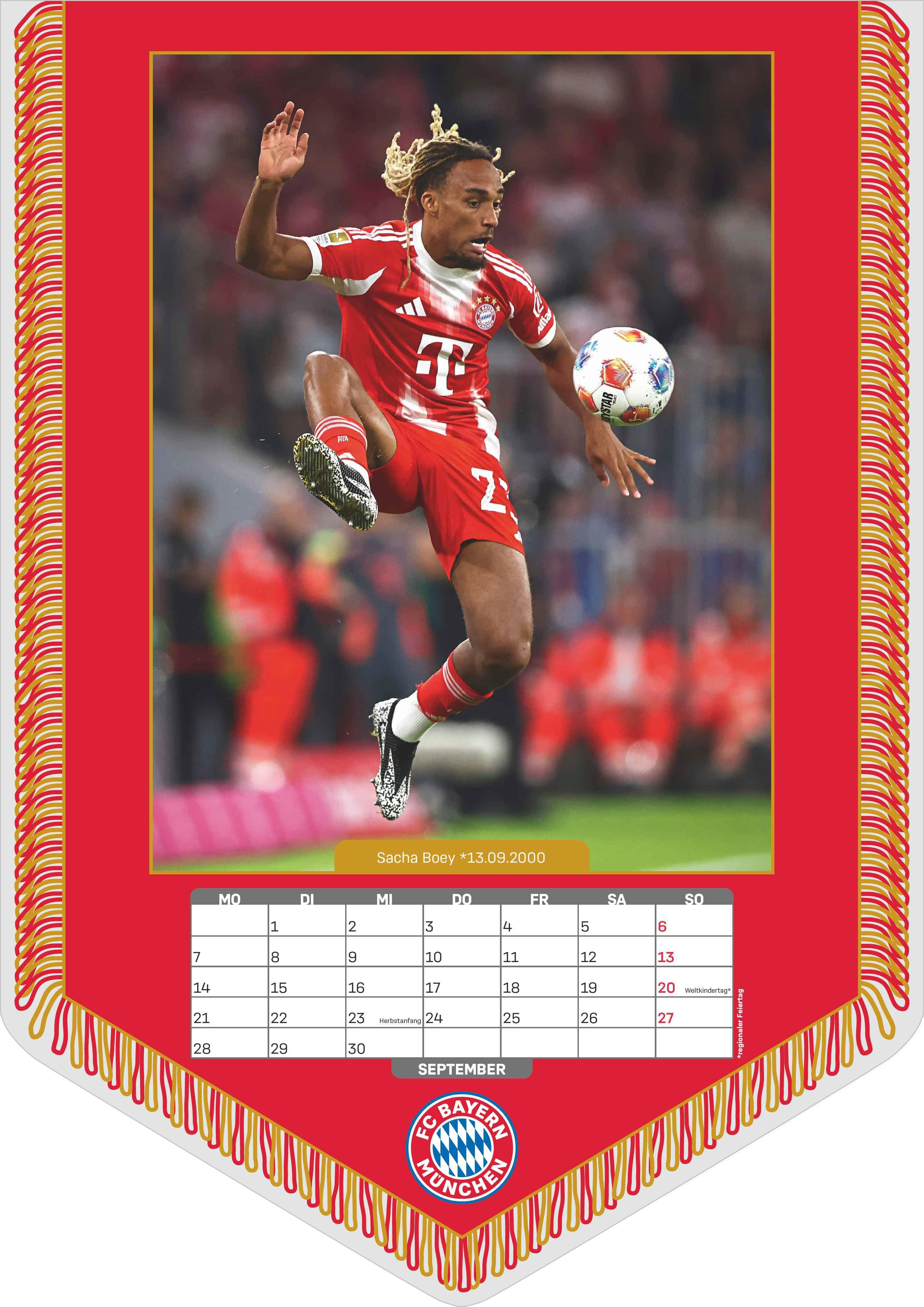 Beispielinhalt (Bild) FC Bayern München 2026 - Mini-Bannerkalender - Fan-Kalender - Fußball-Kalender - 21x29,7 - Sport