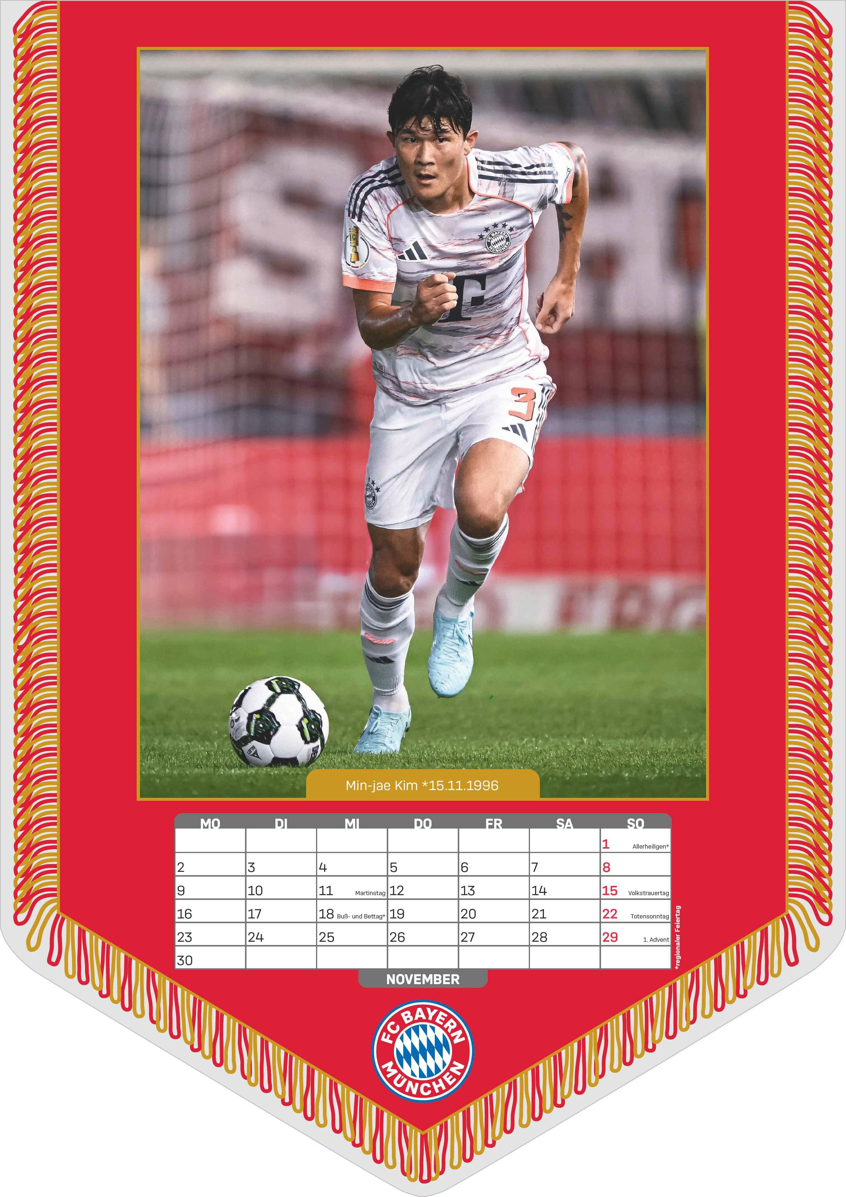 Beispielinhalt (Bild) FC Bayern München 2026 - Mini-Bannerkalender - Fan-Kalender - Fußball-Kalender - 21x29,7 - Sport
