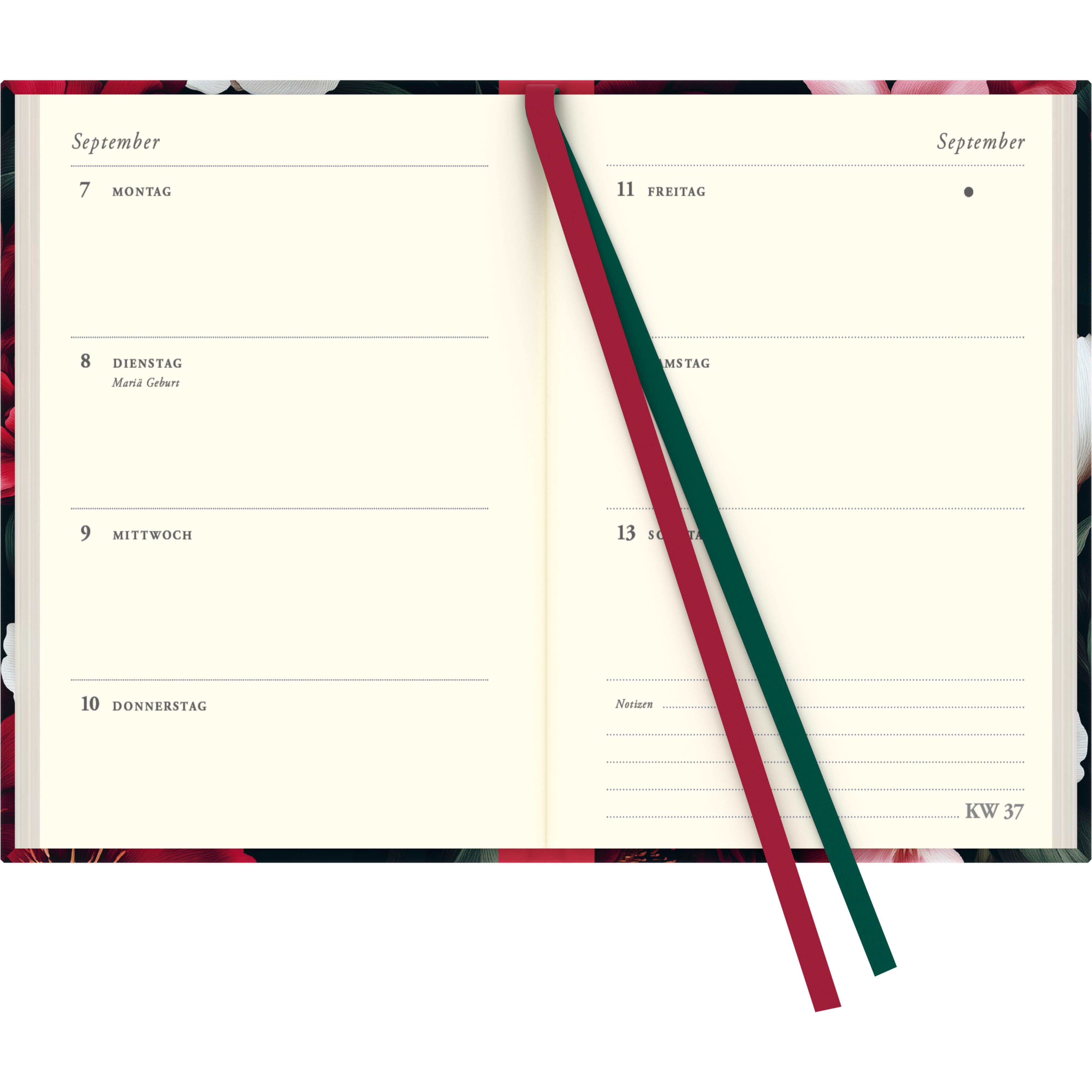 Beispielinhalt (Bild) Dark Flowers Taschenkalender 2026 - Blumen-Design - Terminplaner mit Wochenkalendarium - Format 11,3 x 16,3 cm