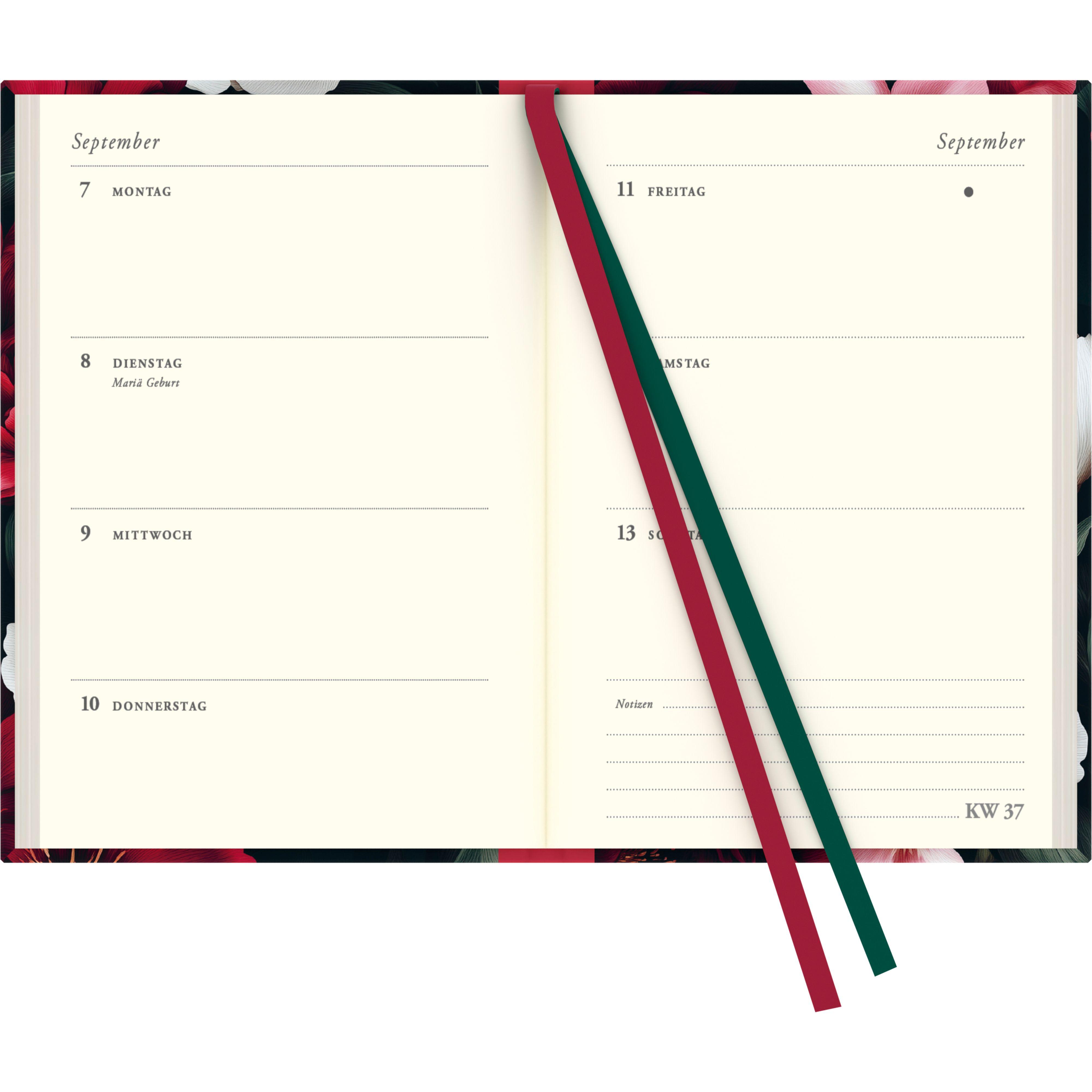 Beispielinhalt (Bild) Dark Flowers Taschenkalender 2026 - Blumen-Design - Terminplaner mit Wochenkalendarium - Format 11,3 x 16,3 cm