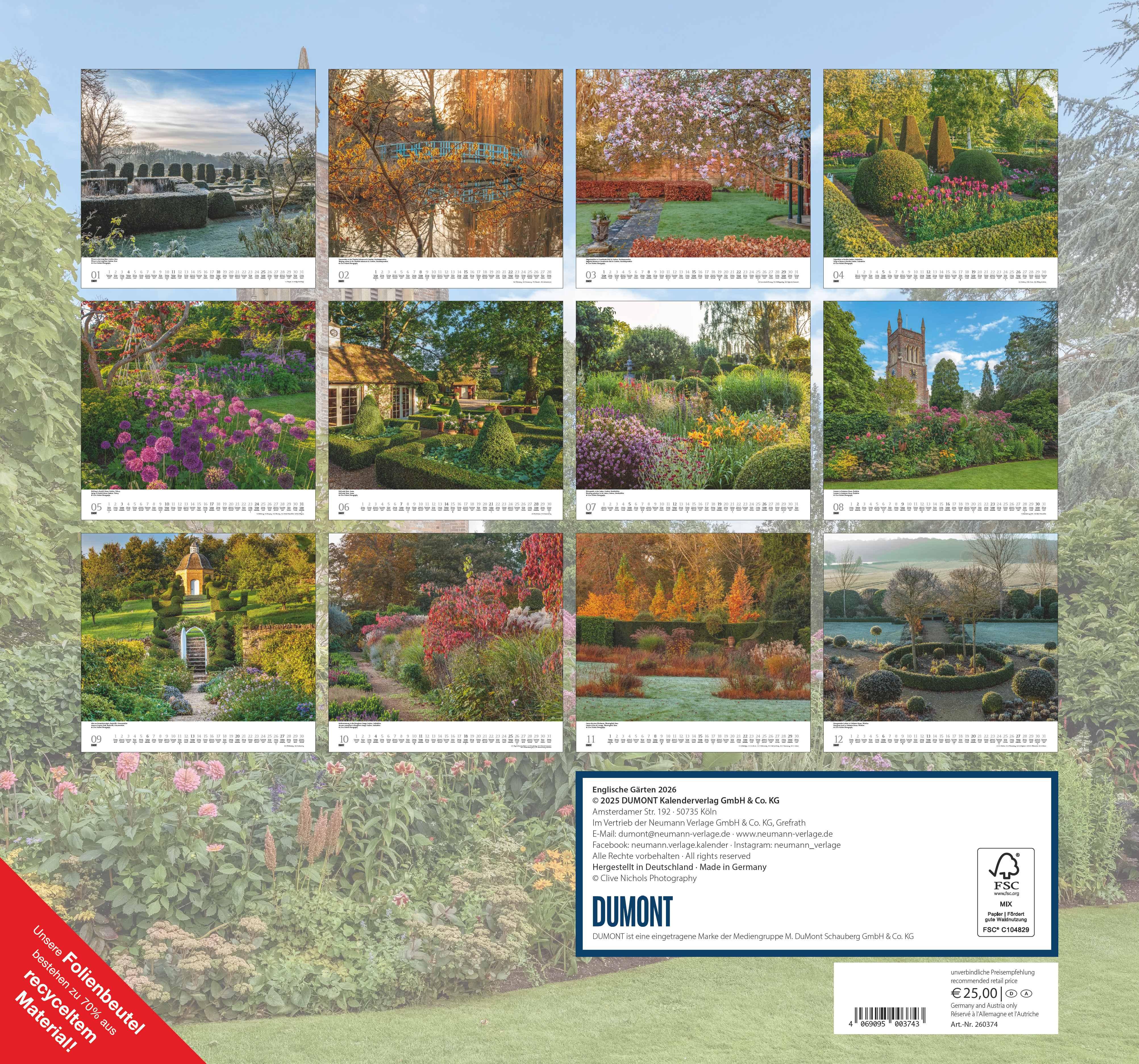 Rückseitencover Englische Gärten 2026 - DUMONT Garten-Kalender - mit allen wichtigen Feiertagen - Format 38,0 x 35,5 cm