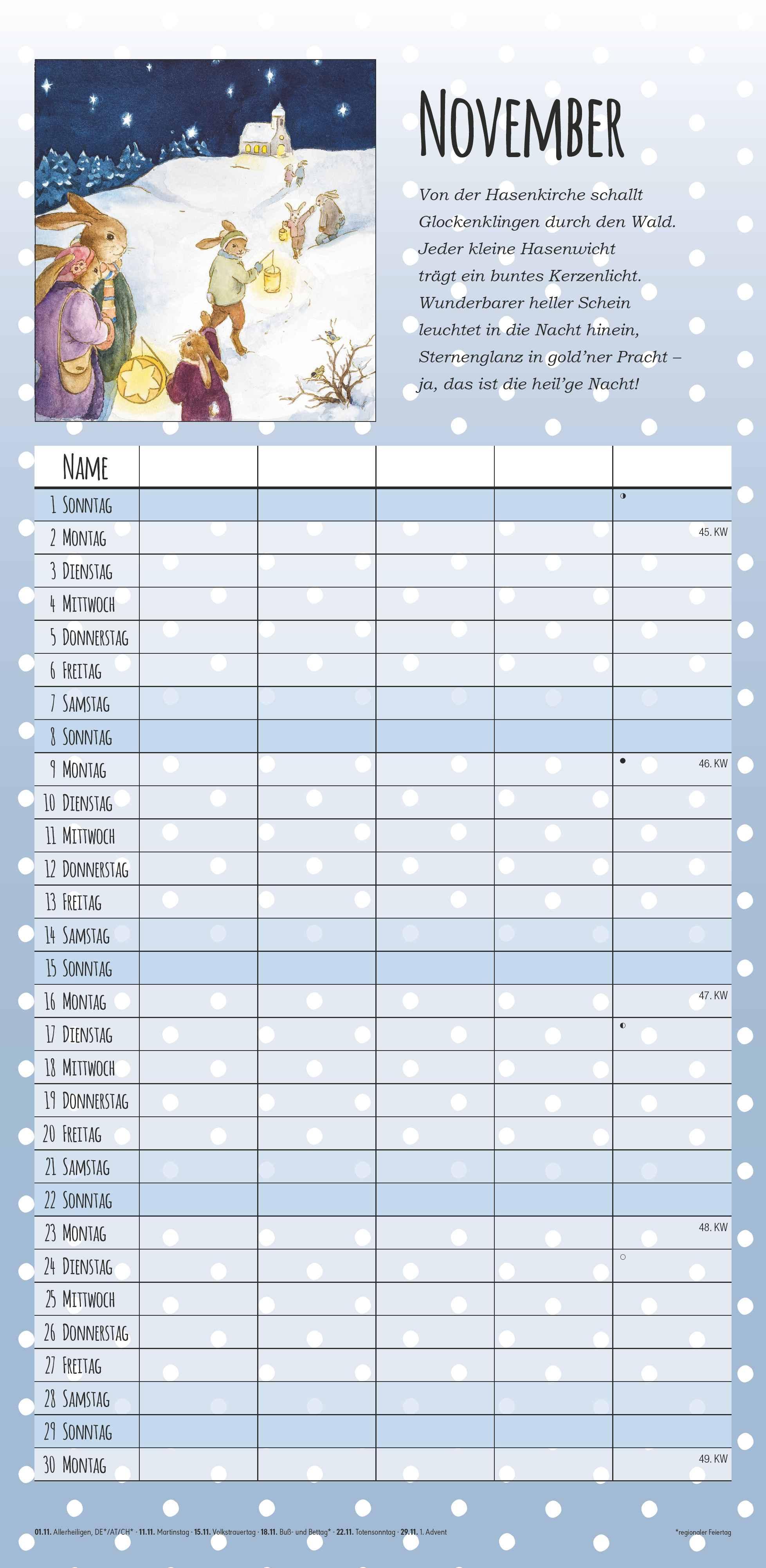 Beispielinhalt (Bild) Familienplaner Häschenschule 2026 - Familien-Timer 22x45 cm - mit Ferienterminen - 5 Spalten - Wand-Planer