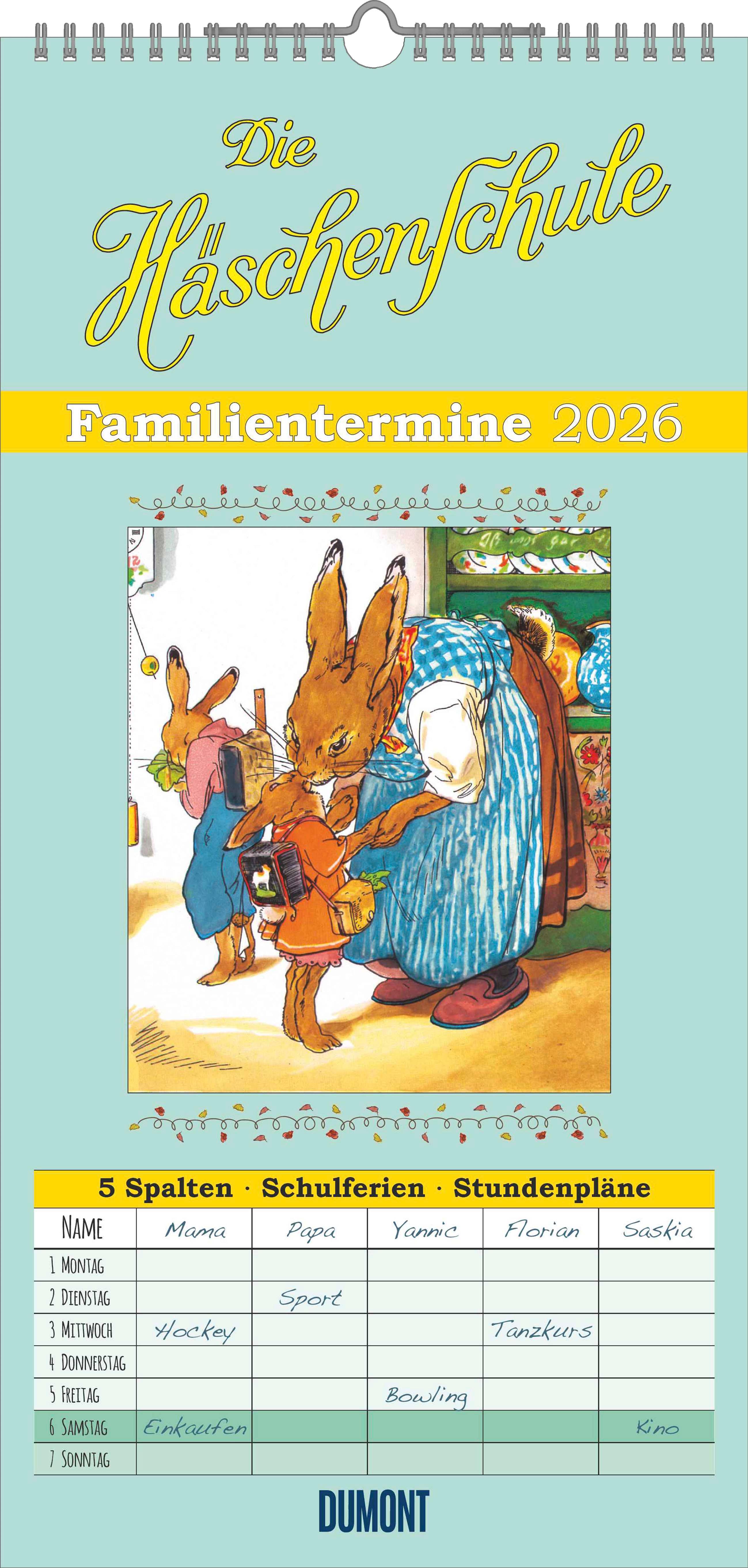 Vorderes Coverbild Familienplaner Häschenschule 2026 - Familien-Timer 22x45 cm - mit Ferienterminen - 5 Spalten - Wand-Planer