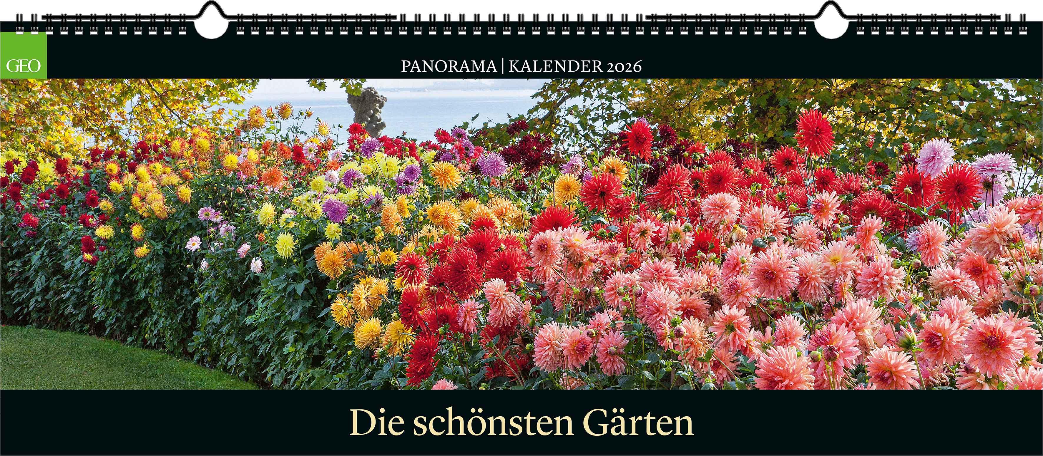 Vorderes Coverbild GEO Panorama: Die schönsten Gärten 2026 - Panorama-Kalender - Wand-Kalender - Groß-Format - Bildkalender - 120x50 cm