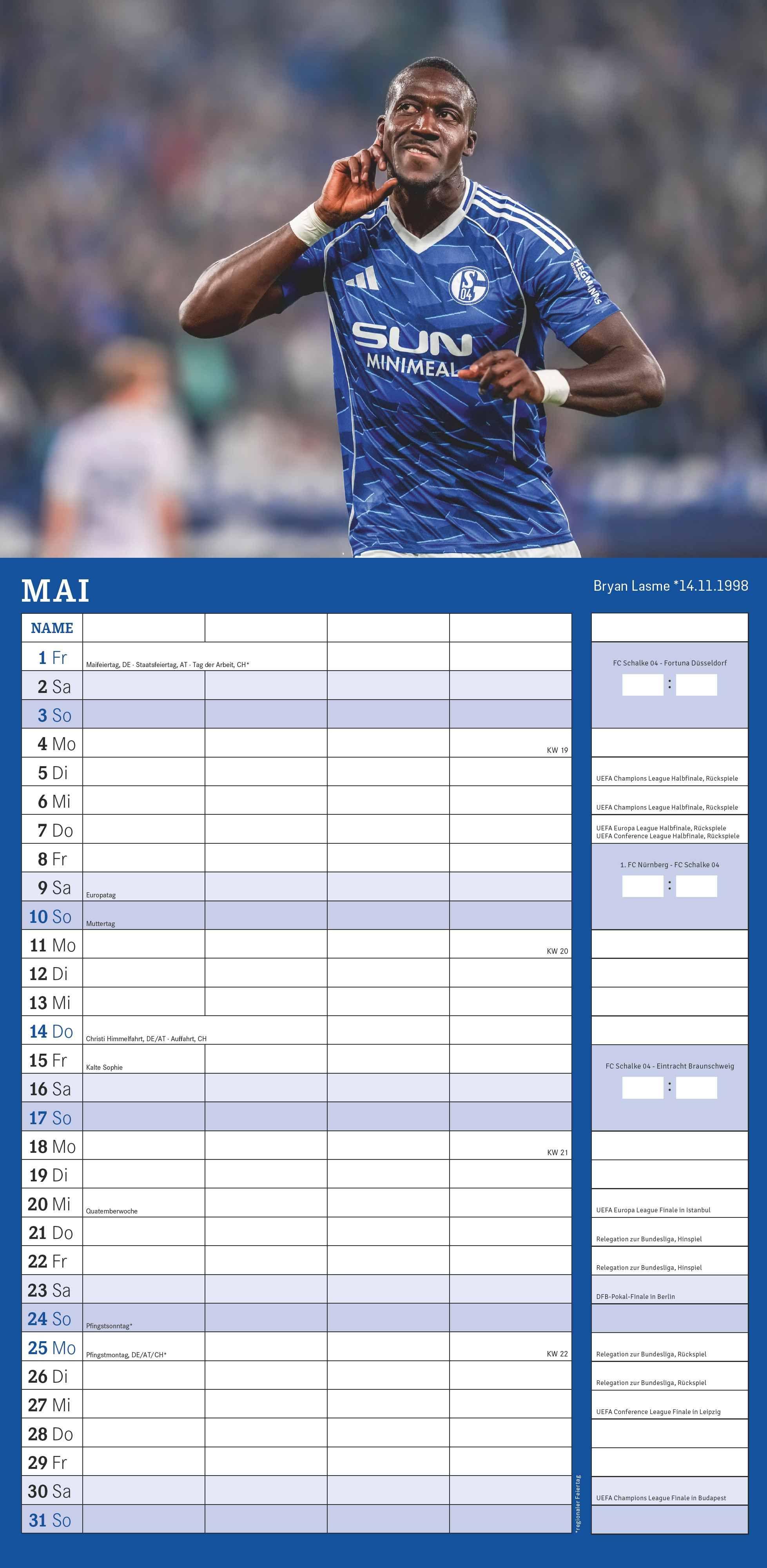 Beispielinhalt (Bild) FC Schalke 04 2026 - Fanplaner - Fan-Kalender - Fußball-Kalender - 22x45 - Sport
