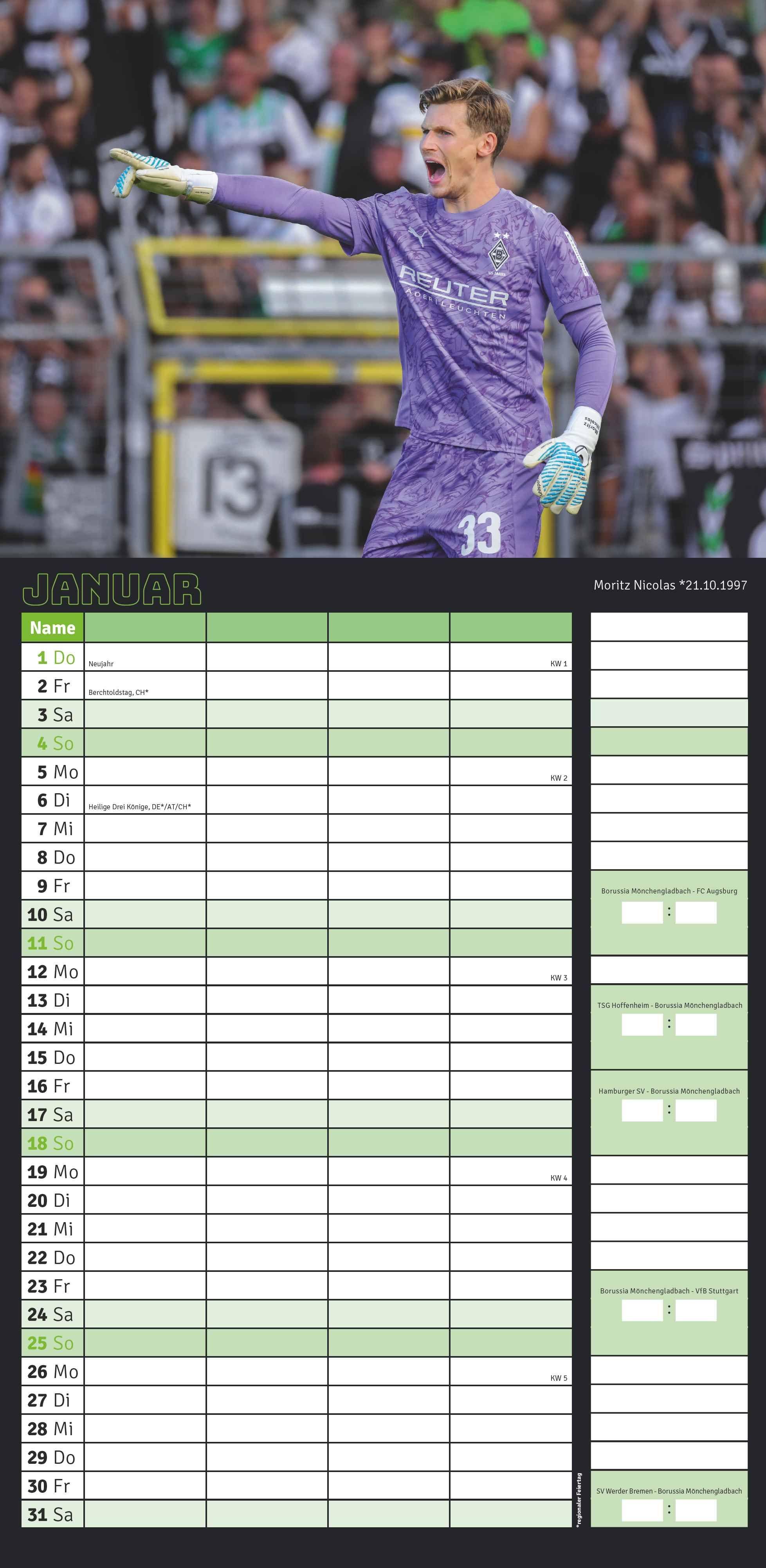 Beispielinhalt (Bild) Borussia Mönchengladbach 2026 - Fanplaner - Fan-Kalender - Fußball-Kalender - 22x45 - Sport