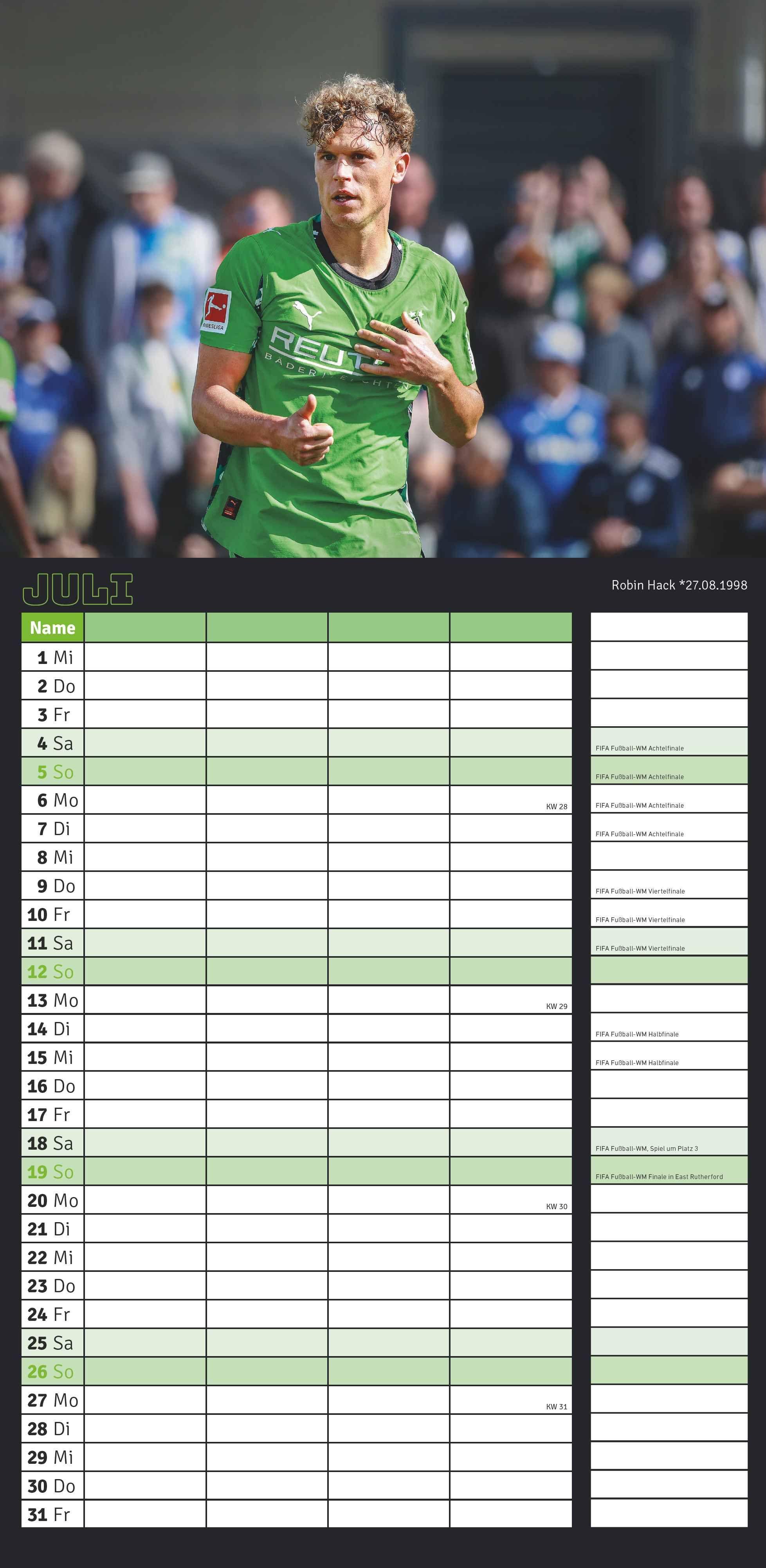 Beispielinhalt (Bild) Borussia Mönchengladbach 2026 - Fanplaner - Fan-Kalender - Fußball-Kalender - 22x45 - Sport
