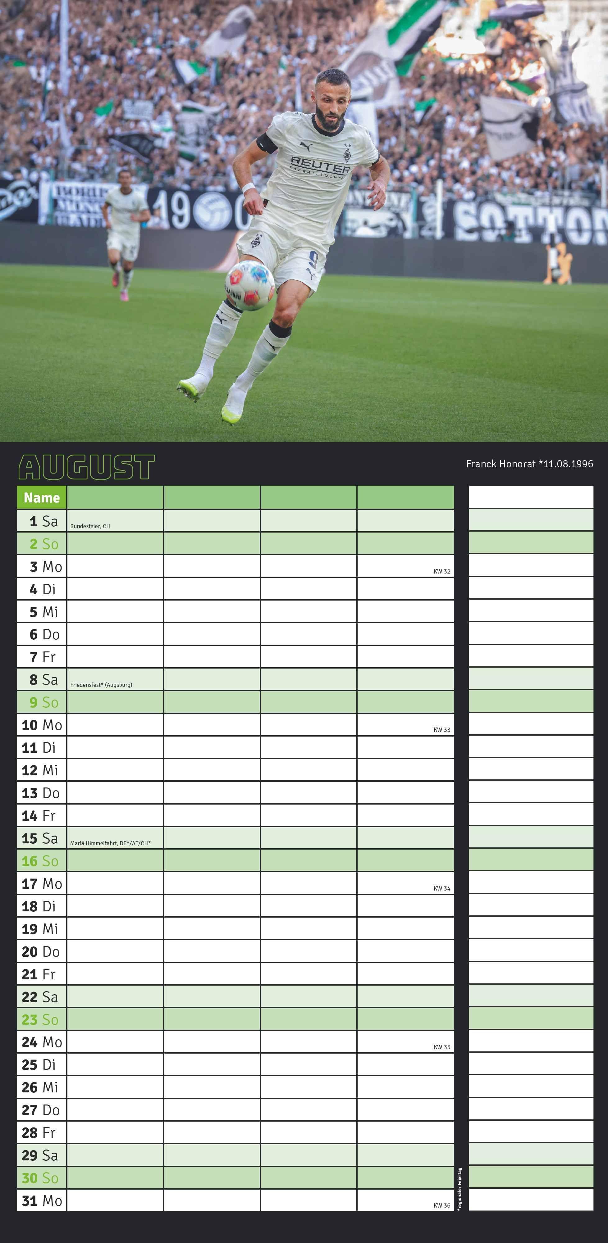 Beispielinhalt (Bild) Borussia Mönchengladbach 2026 - Fanplaner - Fan-Kalender - Fußball-Kalender - 22x45 - Sport