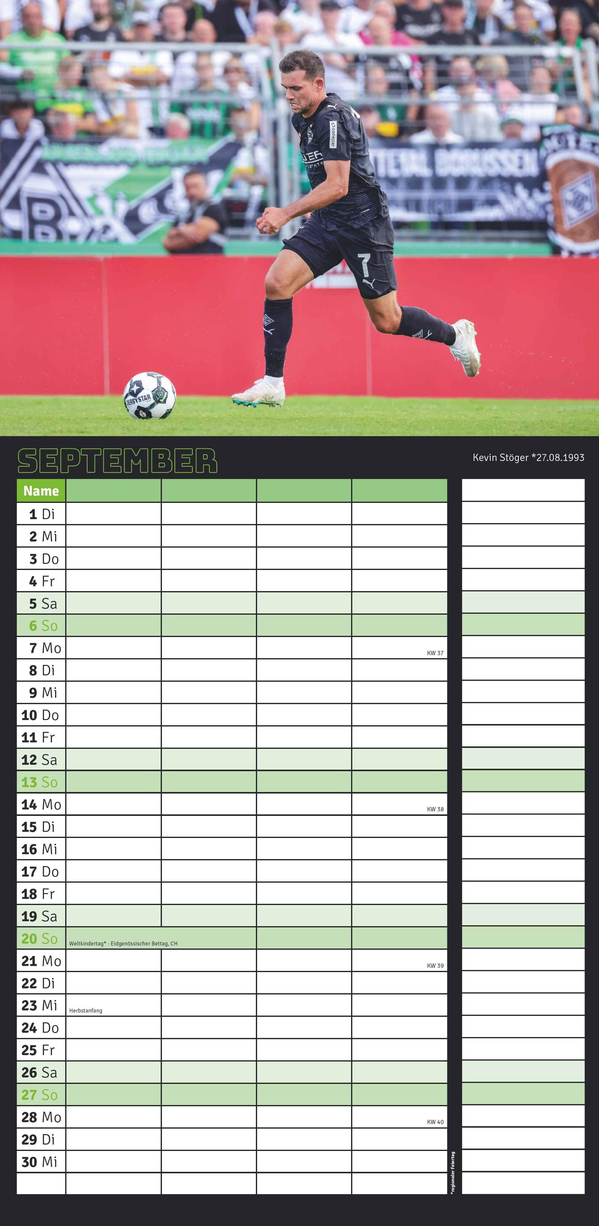 Beispielinhalt (Bild) Borussia Mönchengladbach 2026 - Fanplaner - Fan-Kalender - Fußball-Kalender - 22x45 - Sport