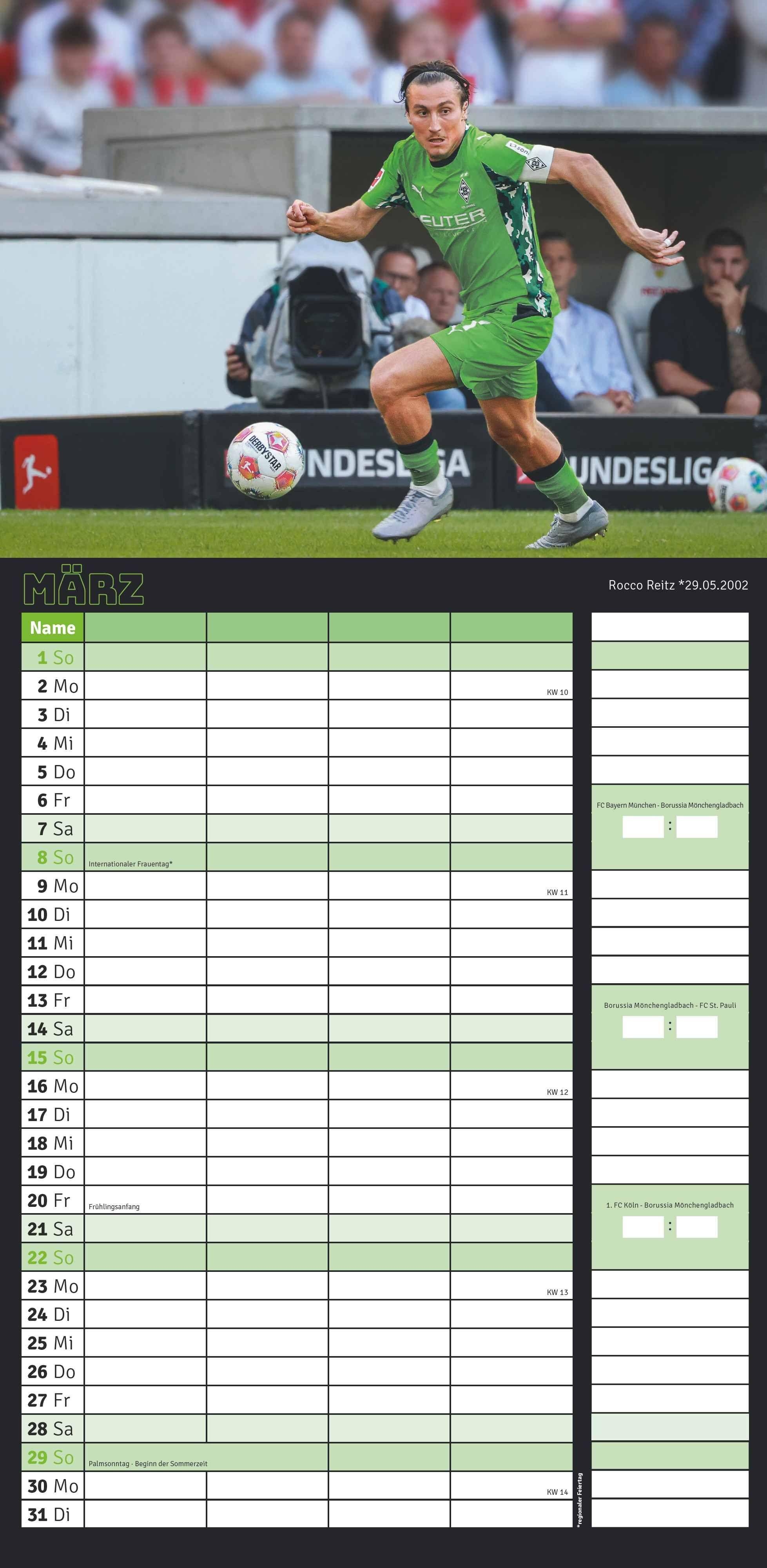 Beispielinhalt (Bild) Borussia Mönchengladbach 2026 - Fanplaner - Fan-Kalender - Fußball-Kalender - 22x45 - Sport