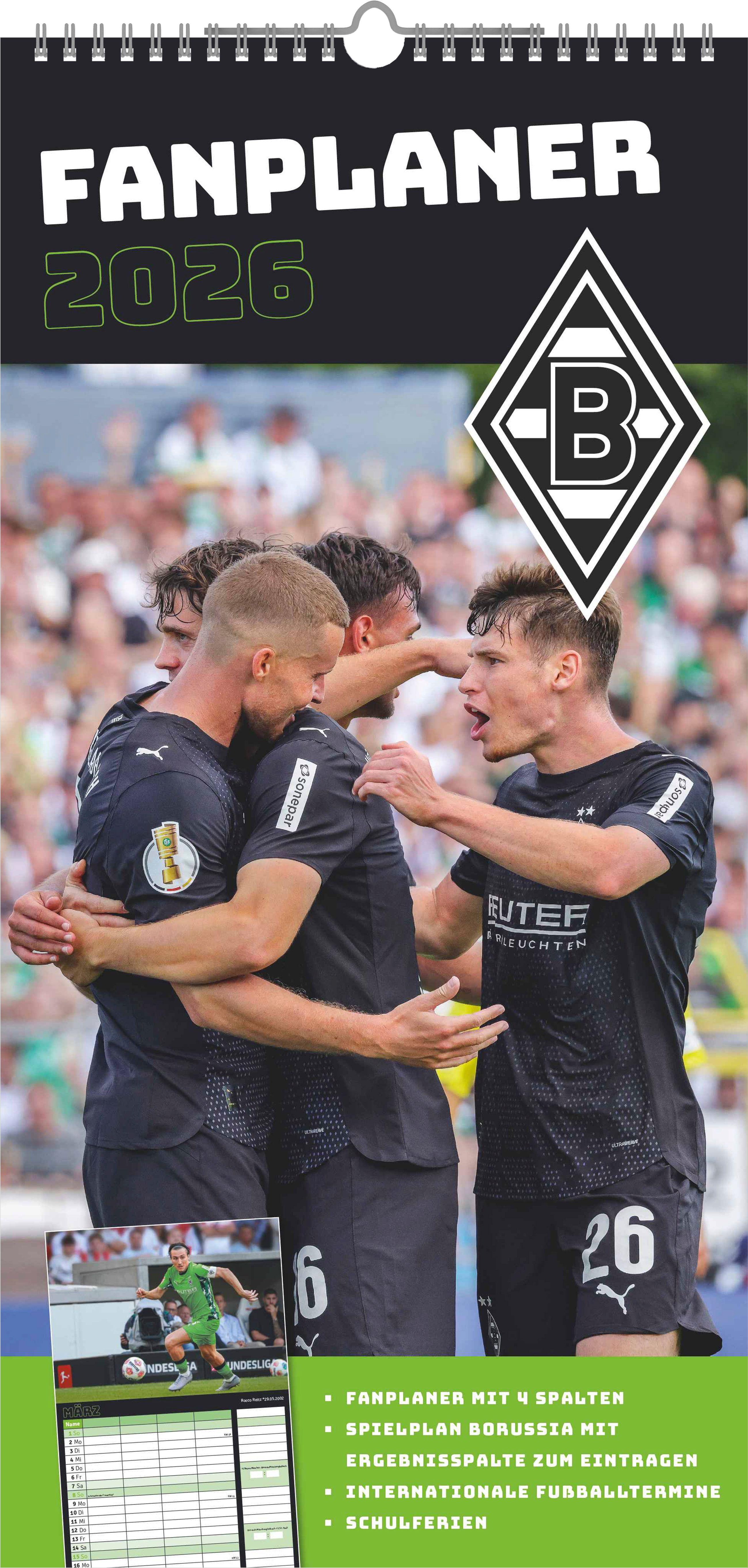 Vorderes Coverbild Borussia Mönchengladbach 2026 - Fanplaner - Fan-Kalender - Fußball-Kalender - 22x45 - Sport