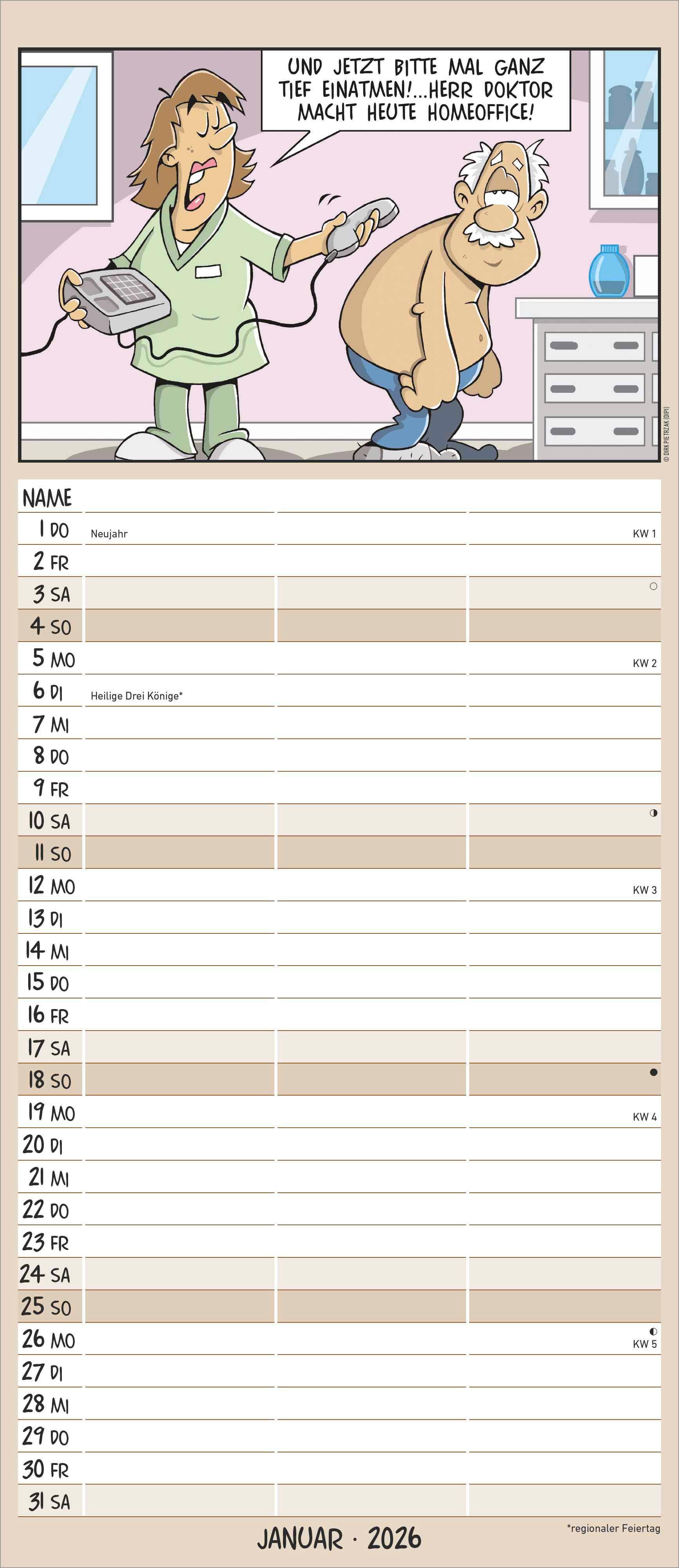 Beispielinhalt (Bild) Planer für den Unruhestand 2026 - Familien-Planer 19,5x45 cm - mit lustigen Cartoons - Humor-Kalender - Wandplaner - Alpha Edition