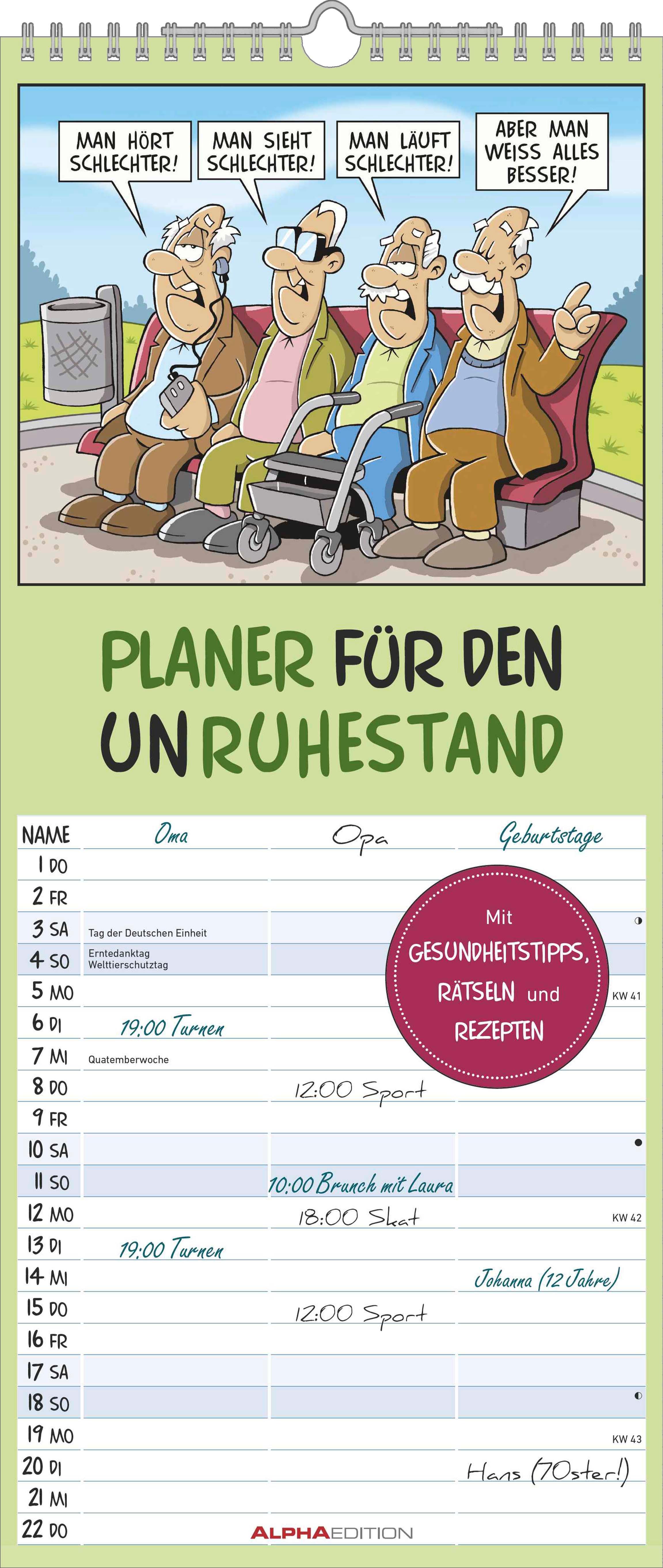 Vorderes Coverbild Planer für den Unruhestand 2026 - Familien-Planer 19,5x45 cm - mit lustigen Cartoons - Humor-Kalender - Wandplaner - Alpha Edition