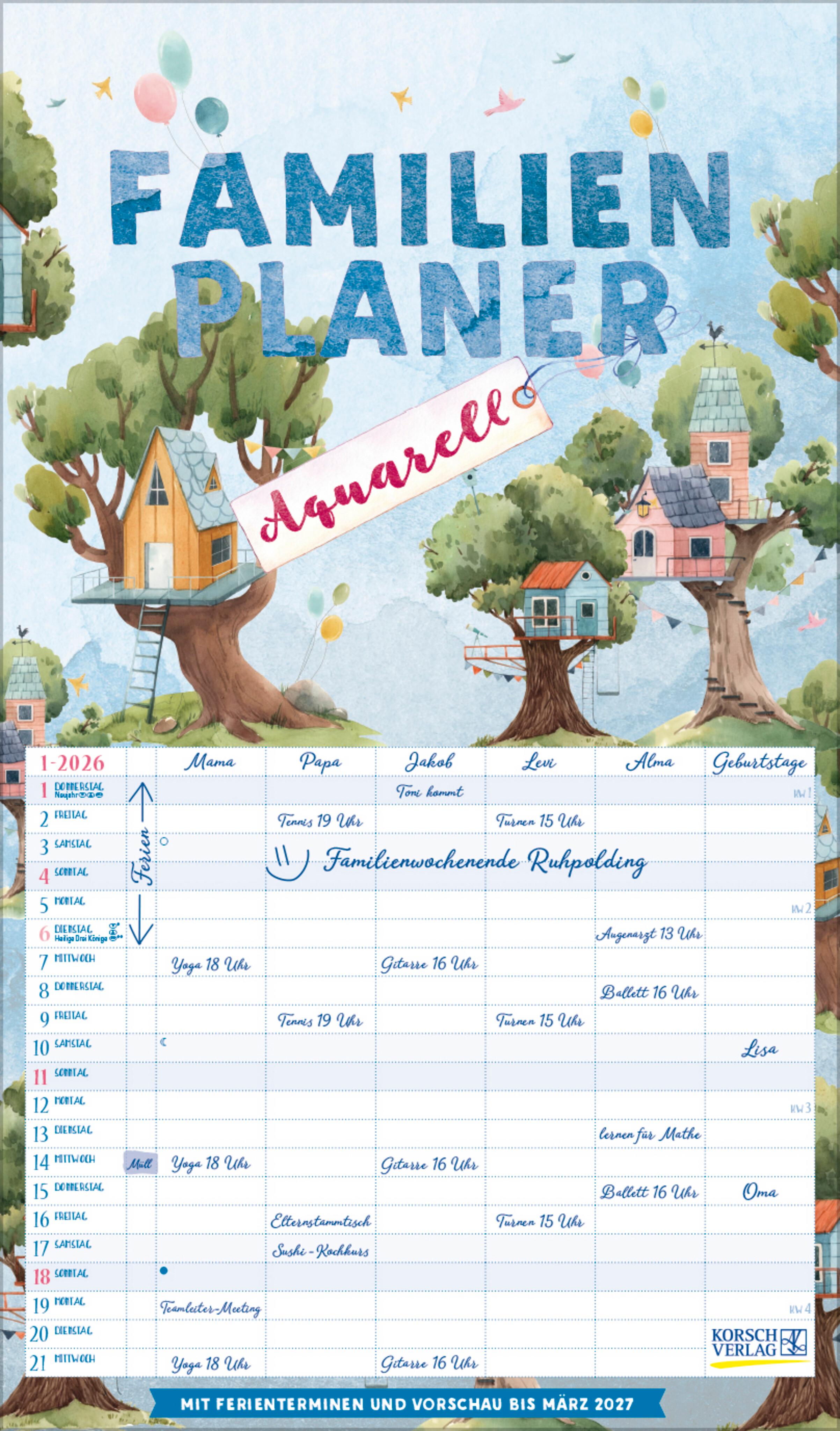 Vorderes Coverbild Familienplaner Aquarell 2026