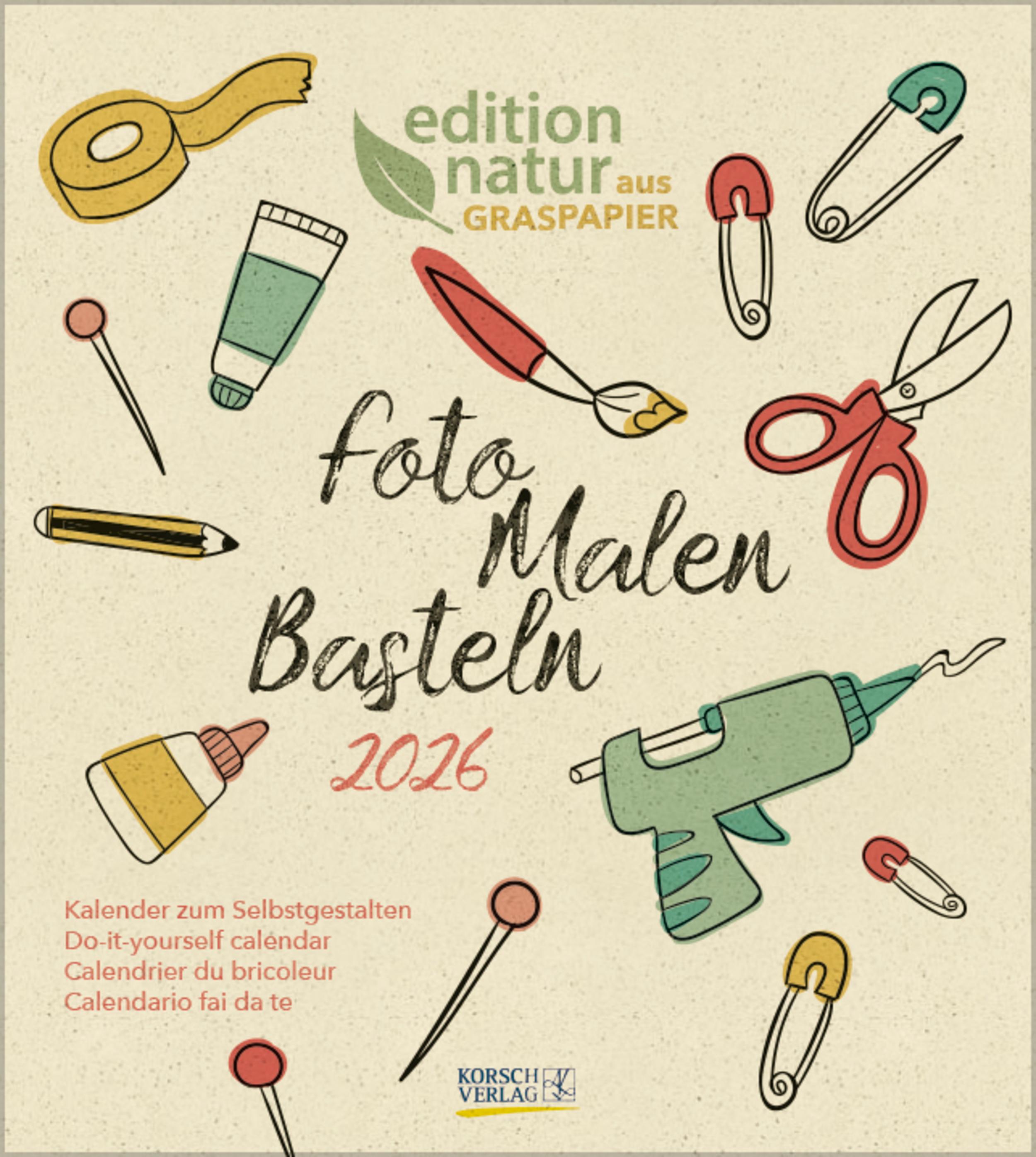 Vorderes Coverbild Foto-Malen-Basteln Bastelkalender Graspapier 2026