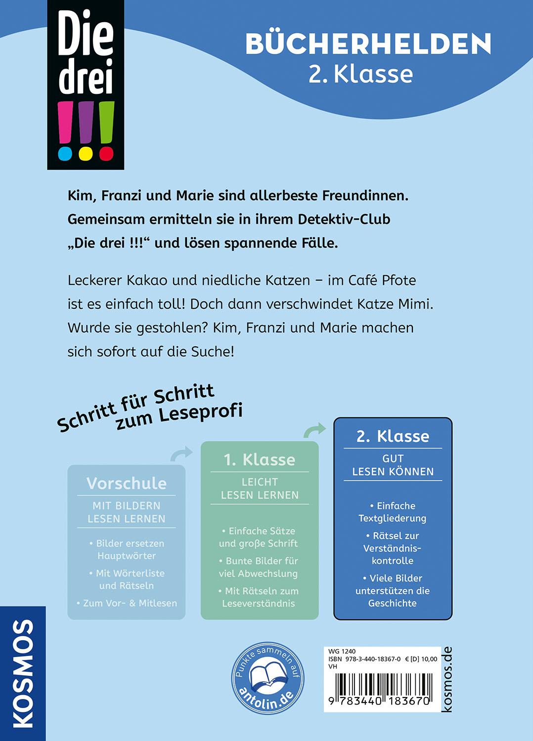 Rückseitencover Die drei !!!, Bücherhelden 2. Klasse, Tatort Katzen-Café