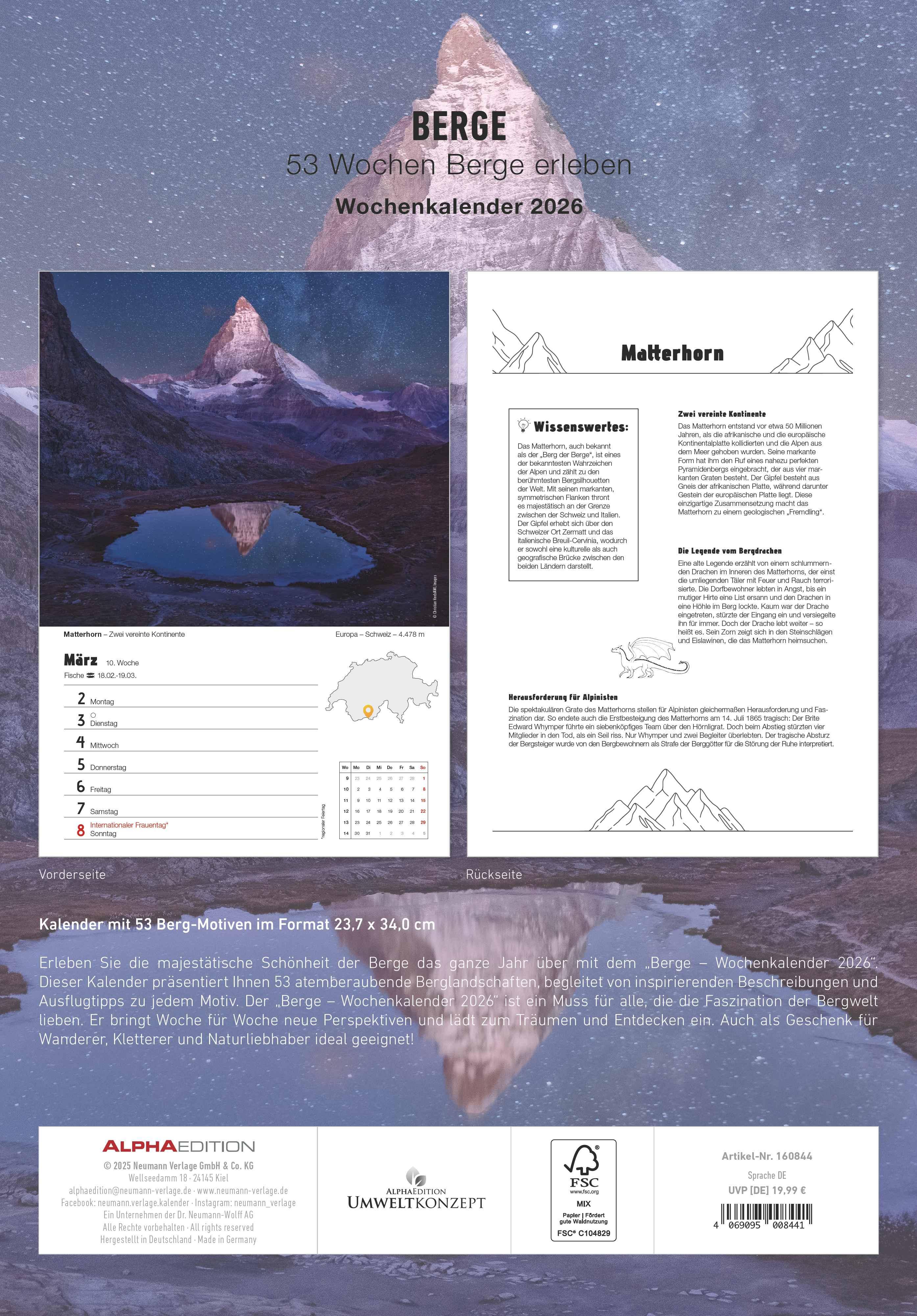 Rückseitencover Berge - Wochenkalender mit 53 Motiven und Beschreibungen