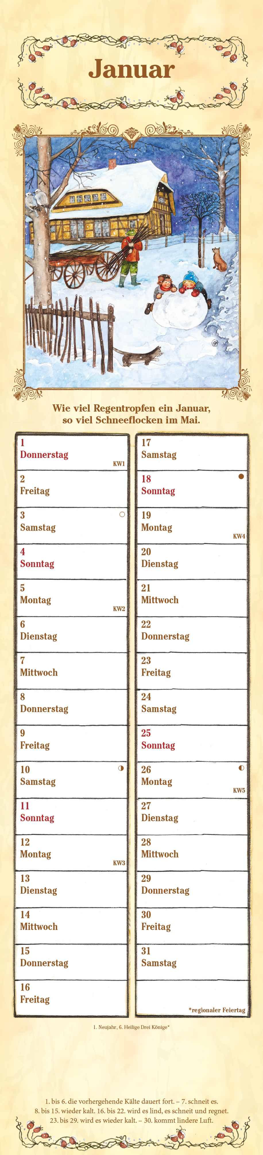 Beispielinhalt (Bild) Streifenplaner Bauernkalender 2026 - Streifen-Kalender 11,3x49x5 cm - mit 100-jährigem Kalender und Bauernregeln - Wandplaner - Alpha Edition