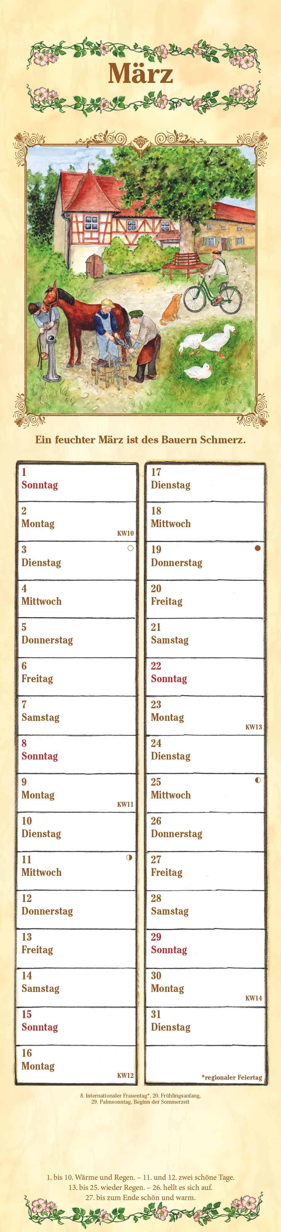 Beispielinhalt (Bild) Streifenplaner Bauernkalender 2026 - Streifen-Kalender 11,3x49x5 cm - mit 100-jährigem Kalender und Bauernregeln - Wandplaner - Alpha Edition
