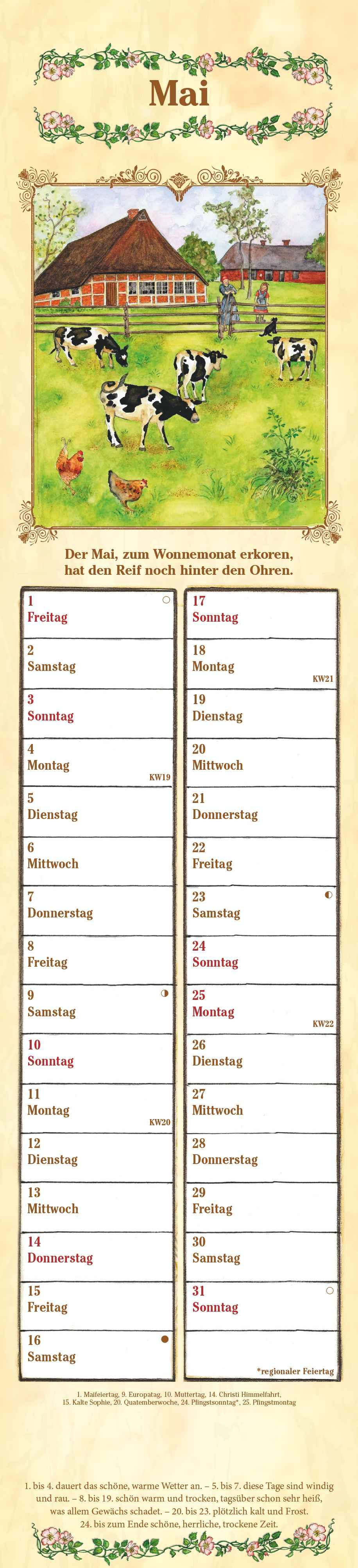 Beispielinhalt (Bild) Streifenplaner Bauernkalender 2026 - Streifen-Kalender 11,3x49x5 cm - mit 100-jährigem Kalender und Bauernregeln - Wandplaner - Alpha Edition