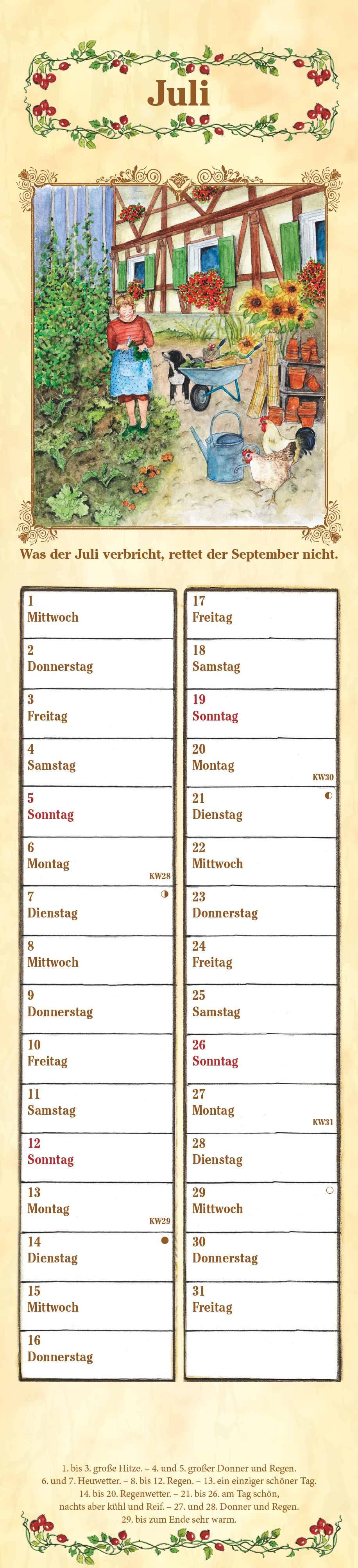 Beispielinhalt (Bild) Streifenplaner Bauernkalender 2026 - Streifen-Kalender 11,3x49x5 cm - mit 100-jährigem Kalender und Bauernregeln - Wandplaner - Alpha Edition