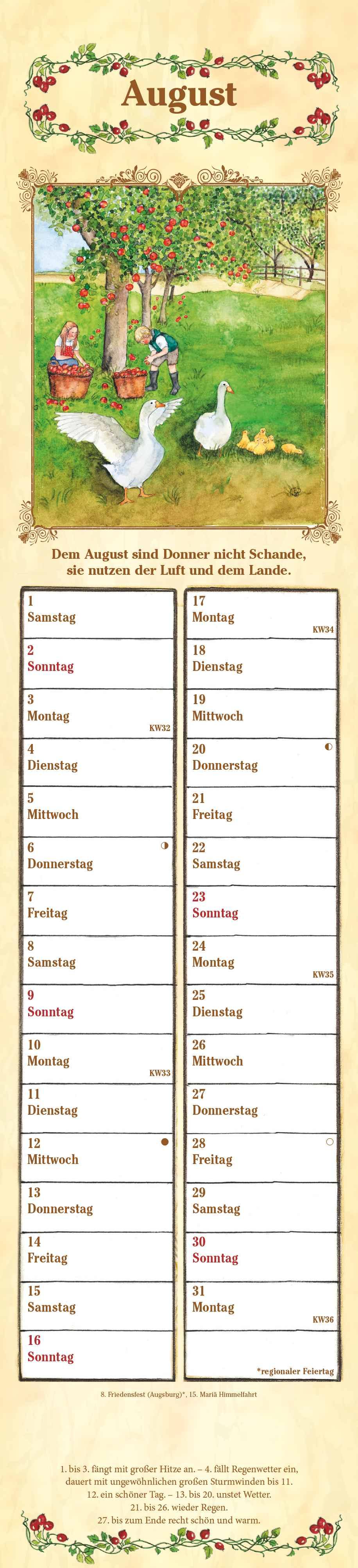 Beispielinhalt (Bild) Streifenplaner Bauernkalender 2026 - Streifen-Kalender 11,3x49x5 cm - mit 100-jährigem Kalender und Bauernregeln - Wandplaner - Alpha Edition