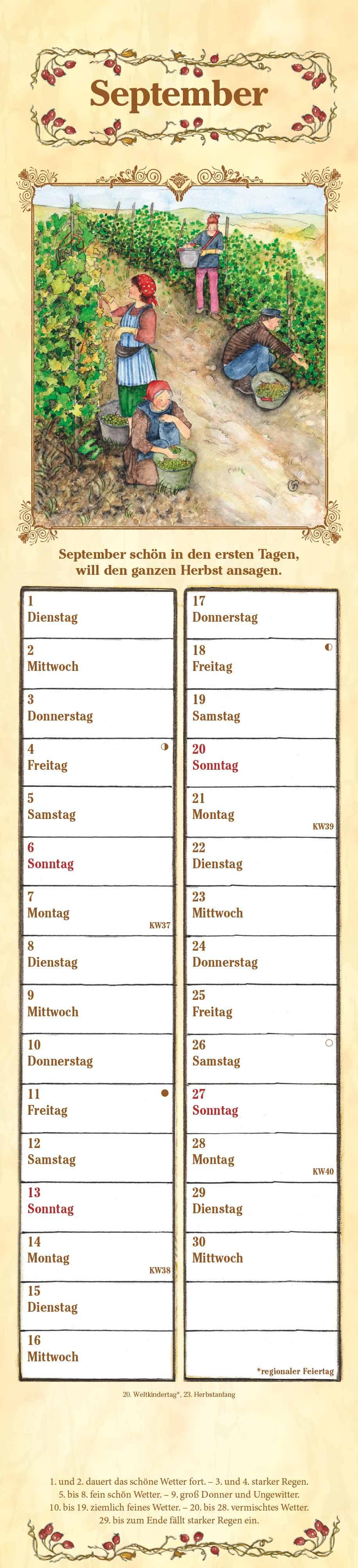 Beispielinhalt (Bild) Streifenplaner Bauernkalender 2026 - Streifen-Kalender 11,3x49x5 cm - mit 100-jährigem Kalender und Bauernregeln - Wandplaner - Alpha Edition