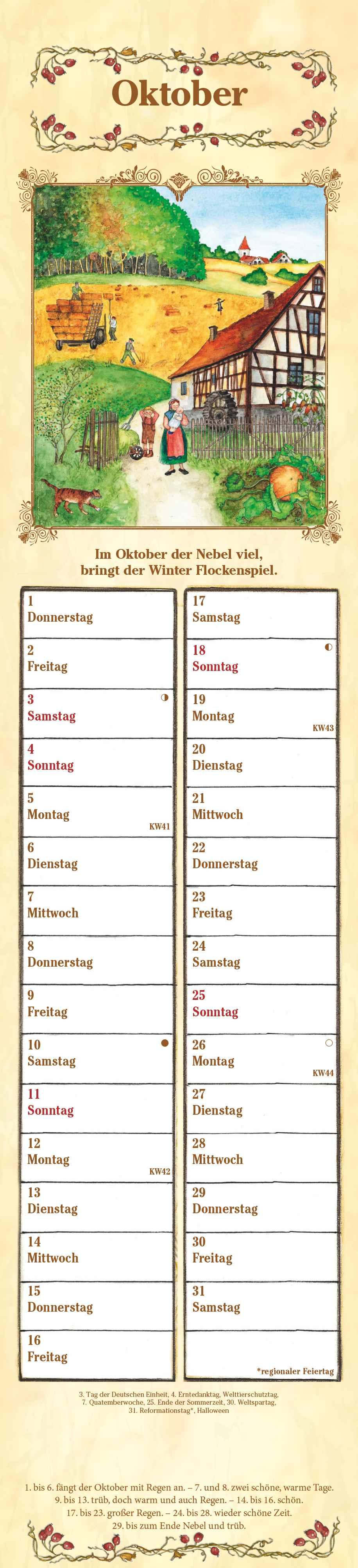 Beispielinhalt (Bild) Streifenplaner Bauernkalender 2026 - Streifen-Kalender 11,3x49x5 cm - mit 100-jährigem Kalender und Bauernregeln - Wandplaner - Alpha Edition