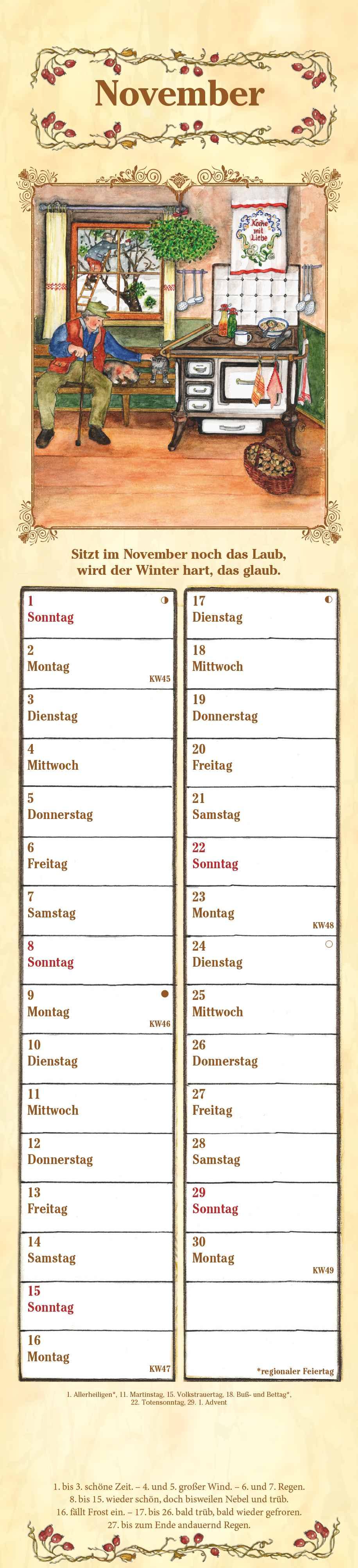 Beispielinhalt (Bild) Streifenplaner Bauernkalender 2026 - Streifen-Kalender 11,3x49x5 cm - mit 100-jährigem Kalender und Bauernregeln - Wandplaner - Alpha Edition