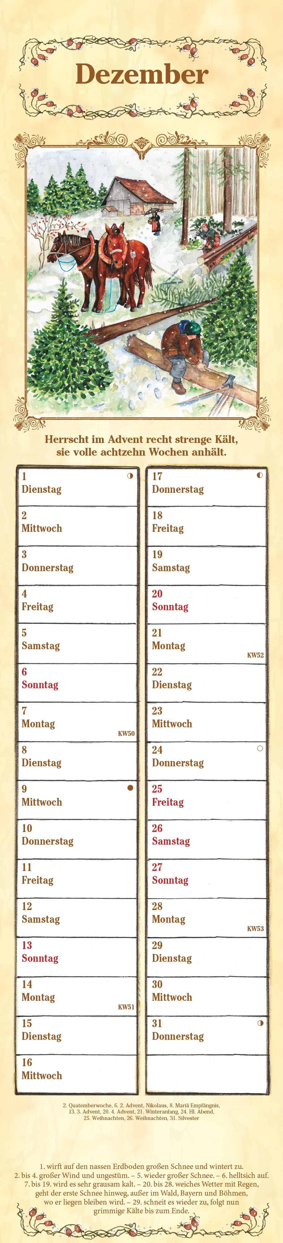 Beispielinhalt (Bild) Streifenplaner Bauernkalender 2026 - Streifen-Kalender 11,3x49x5 cm - mit 100-jährigem Kalender und Bauernregeln - Wandplaner - Alpha Edition