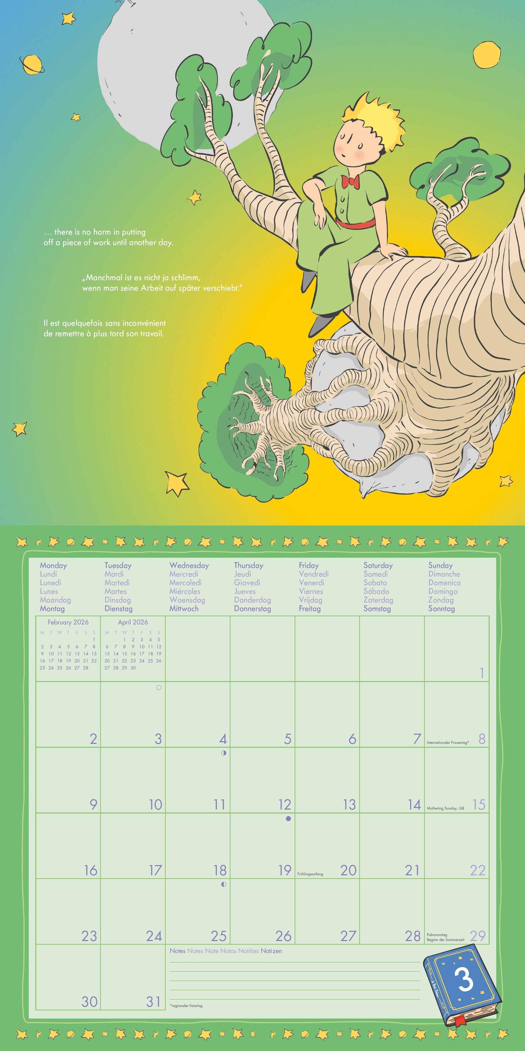 Beispielinhalt (Bild) Der Kleine Prinz 2026 - Wand-Kalender - Broschüren-Kalender - 30x30 - 30x60 geöffnet - Kinder-Kalender - Illustrationen