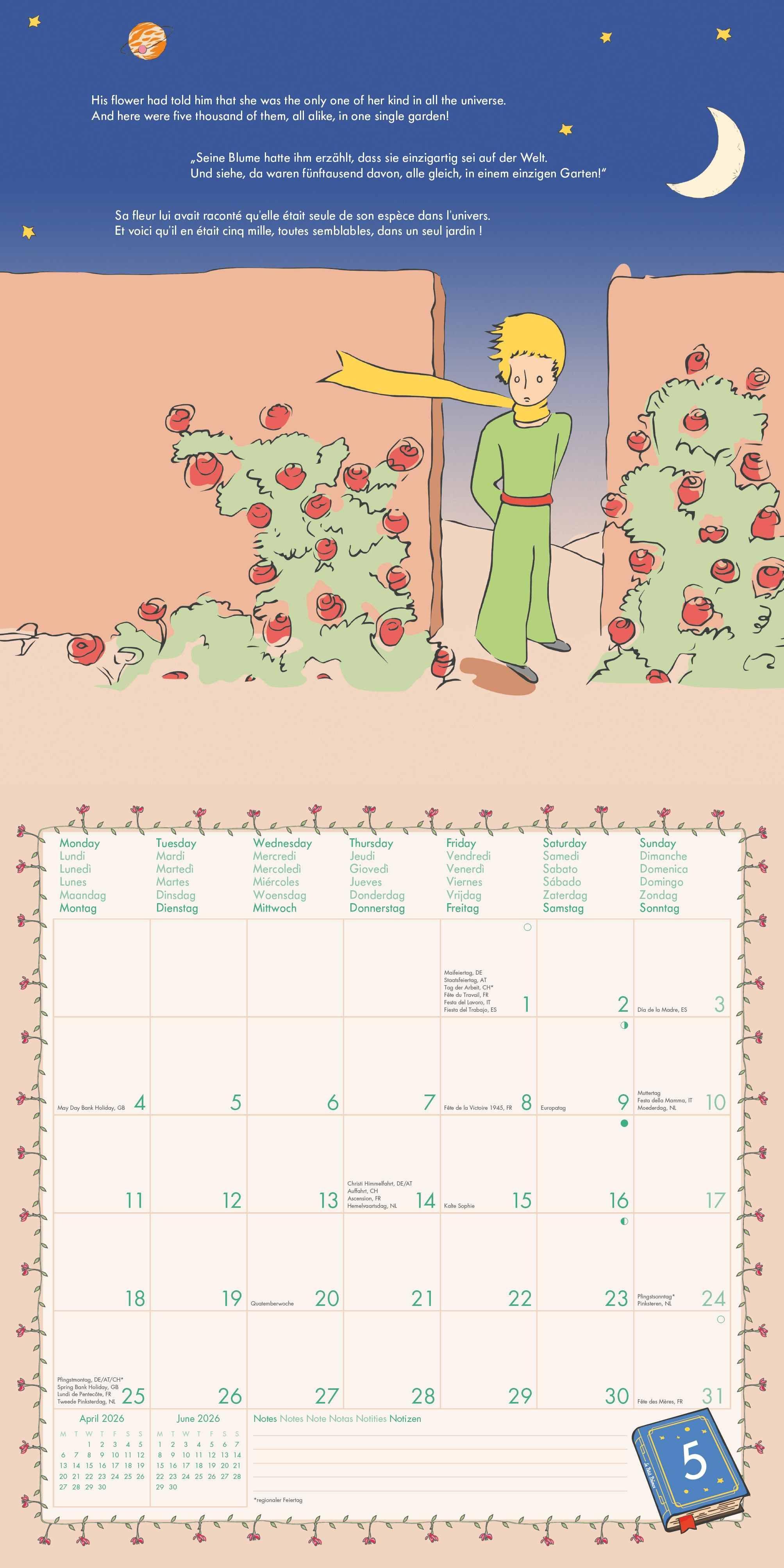 Beispielinhalt (Bild) Der Kleine Prinz 2026 - Wand-Kalender - Broschüren-Kalender - 30x30 - 30x60 geöffnet - Kinder-Kalender - Illustrationen