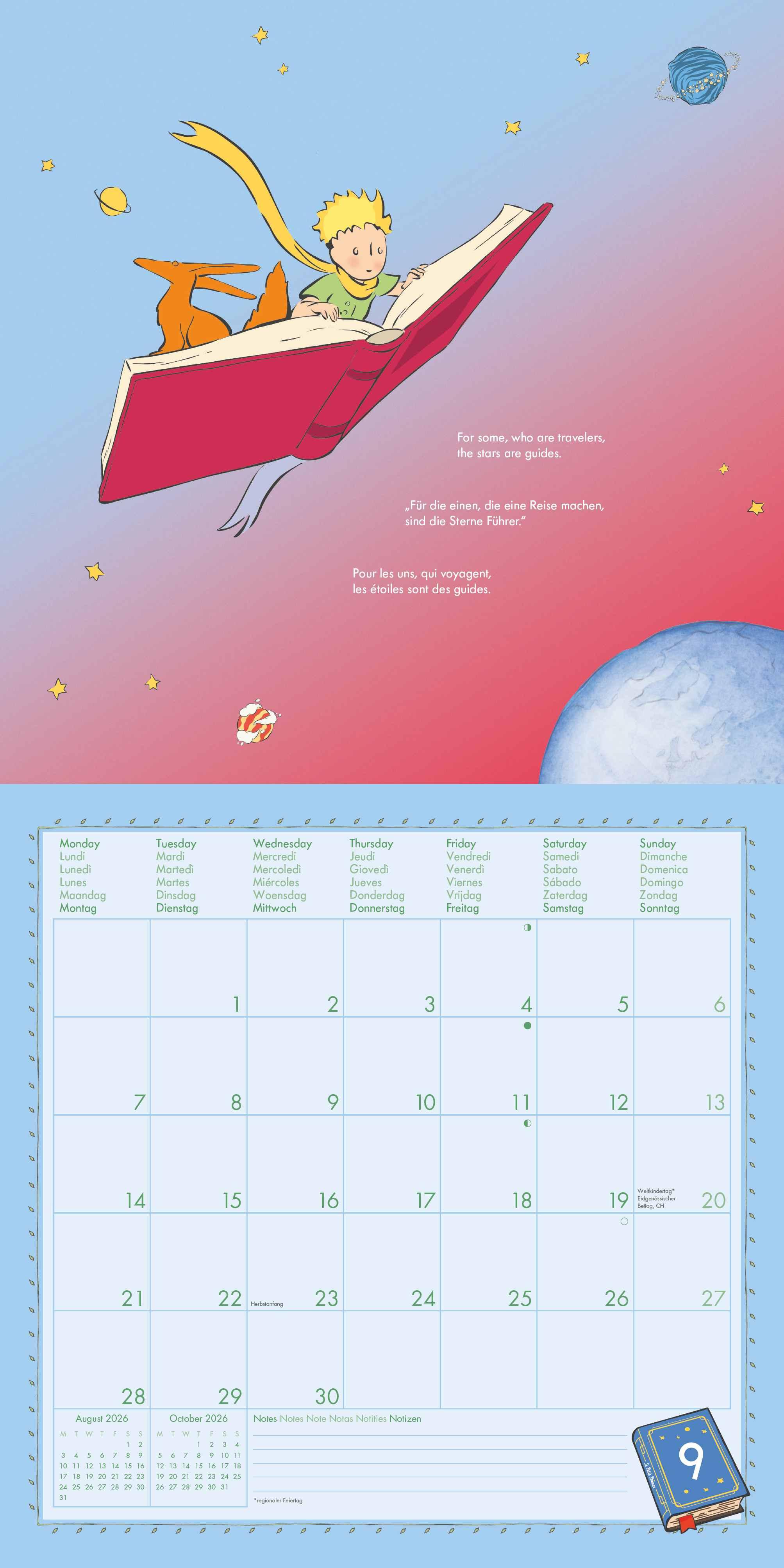 Beispielinhalt (Bild) Der Kleine Prinz 2026 - Wand-Kalender - Broschüren-Kalender - 30x30 - 30x60 geöffnet - Kinder-Kalender - Illustrationen