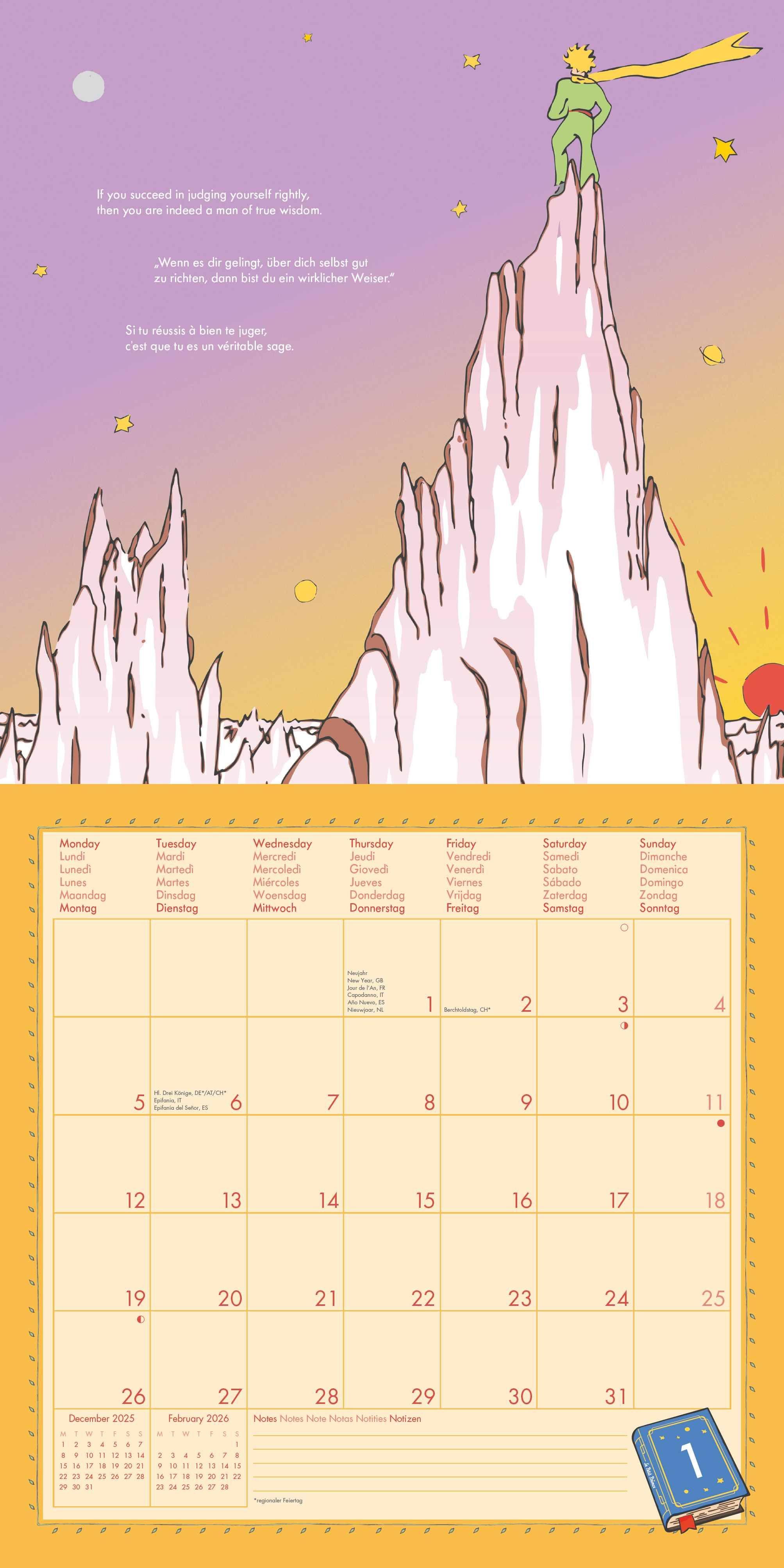 Beispielinhalt (Bild) Der Kleine Prinz 2026 - Wand-Kalender - Broschüren-Kalender - 30x30 - 30x60 geöffnet - Kinder-Kalender - Illustrationen