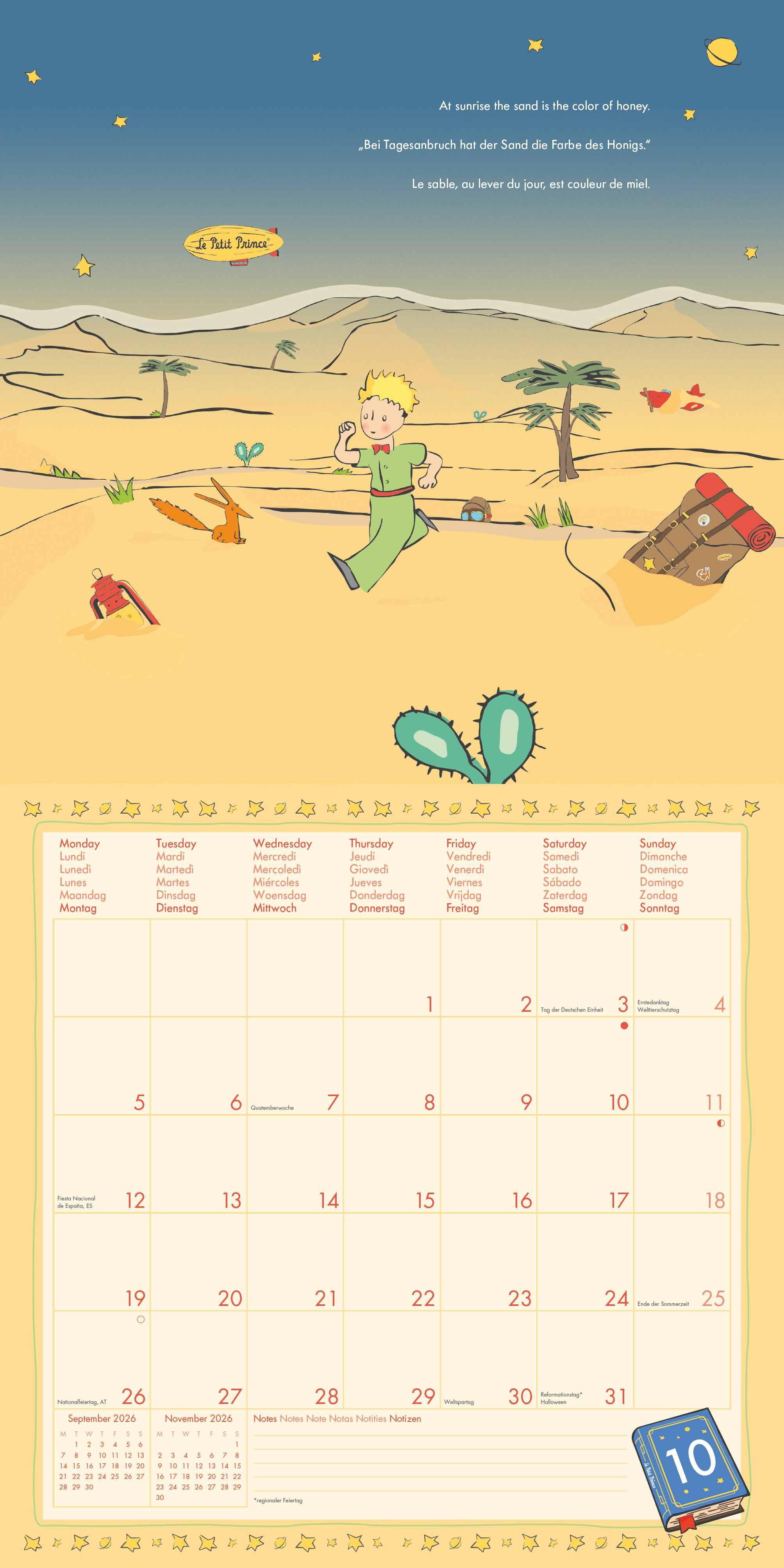 Beispielinhalt (Bild) Der Kleine Prinz 2026 - Wand-Kalender - Broschüren-Kalender - 30x30 - 30x60 geöffnet - Kinder-Kalender - Illustrationen