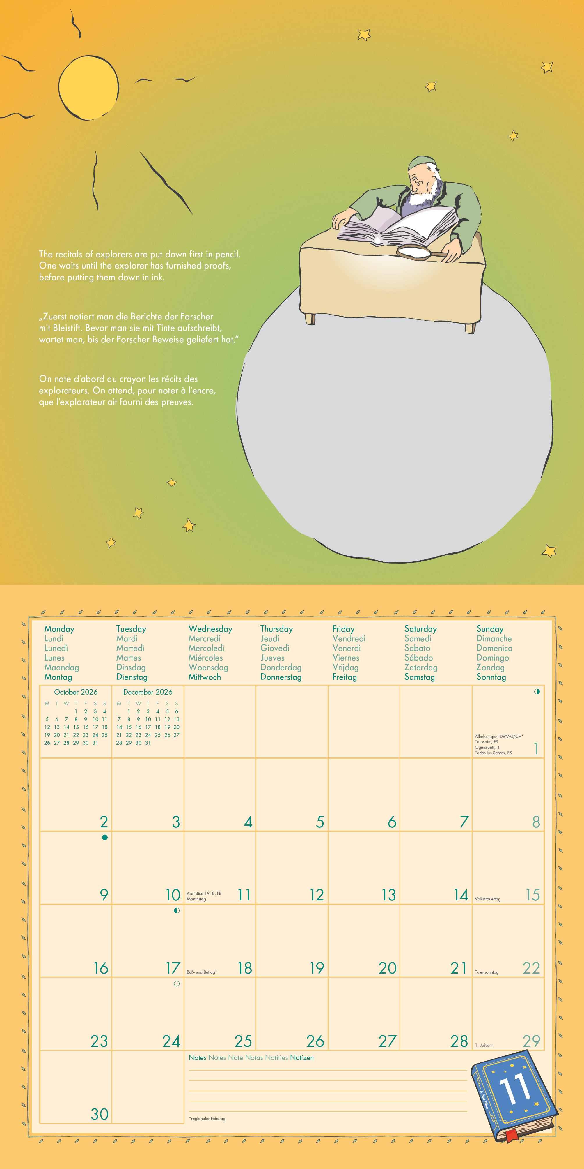 Beispielinhalt (Bild) Der Kleine Prinz 2026 - Wand-Kalender - Broschüren-Kalender - 30x30 - 30x60 geöffnet - Kinder-Kalender - Illustrationen