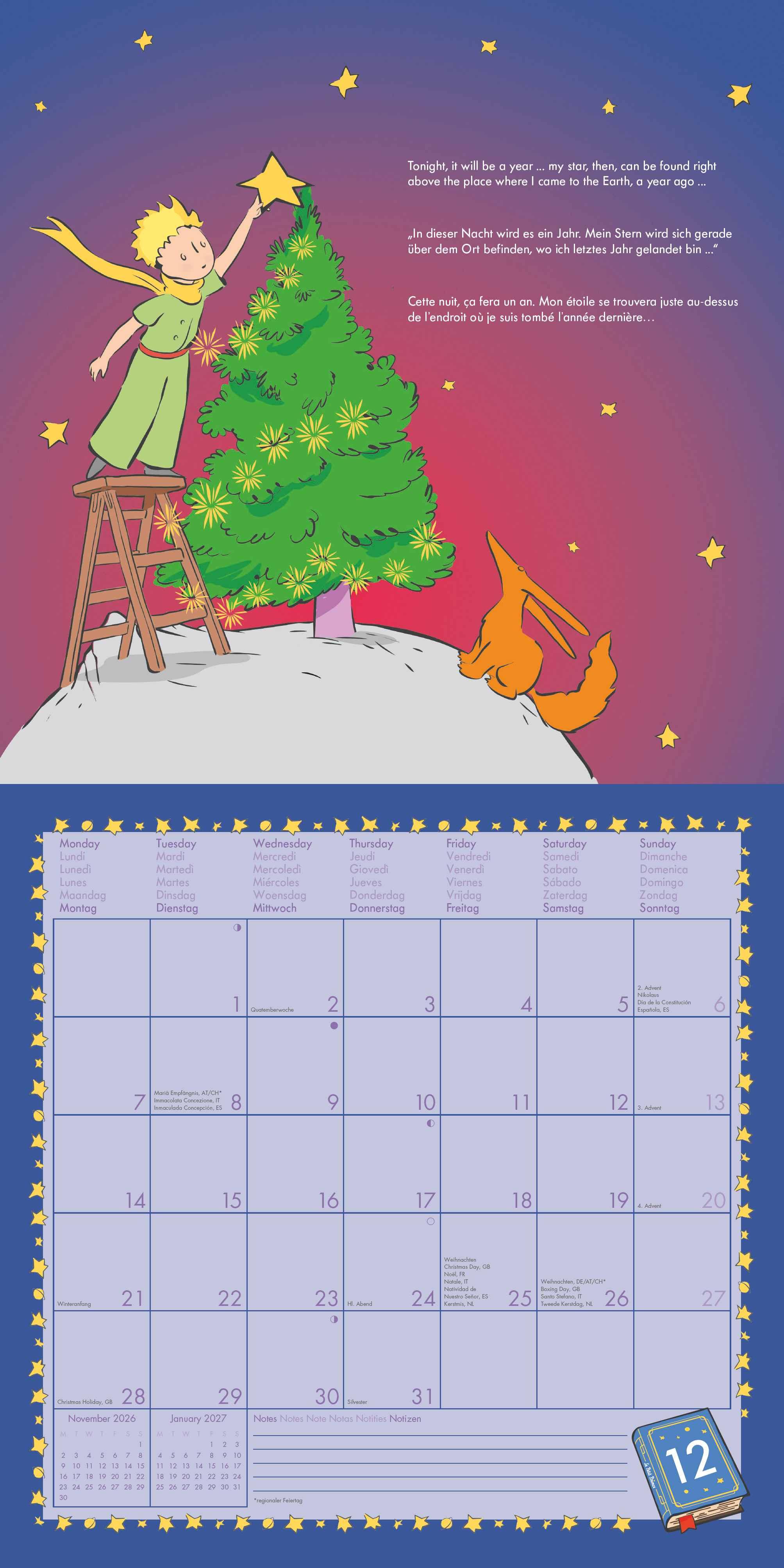 Beispielinhalt (Bild) Der Kleine Prinz 2026 - Wand-Kalender - Broschüren-Kalender - 30x30 - 30x60 geöffnet - Kinder-Kalender - Illustrationen
