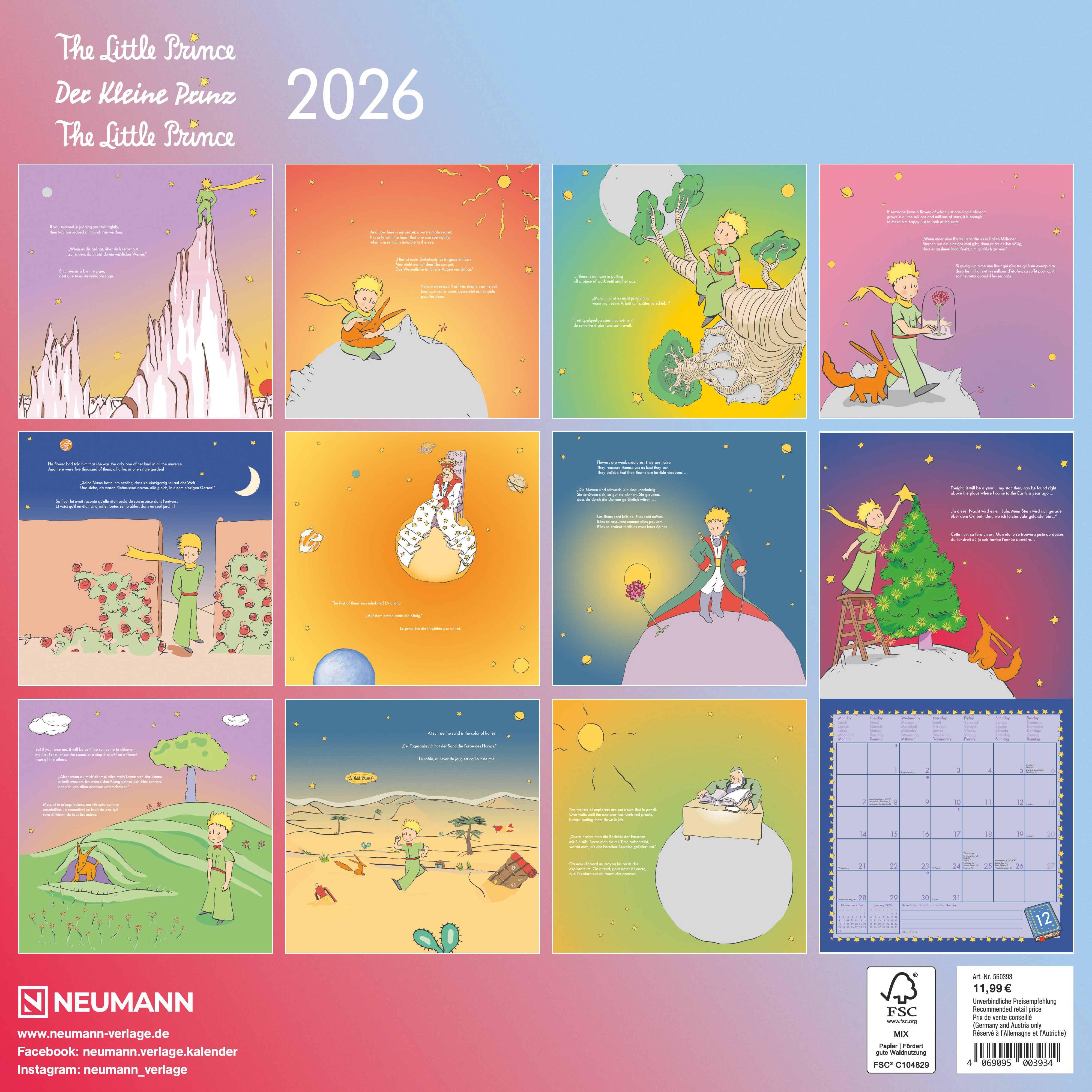 Rückseitencover Der Kleine Prinz 2026 - Wand-Kalender - Broschüren-Kalender - 30x30 - 30x60 geöffnet - Kinder-Kalender - Illustrationen