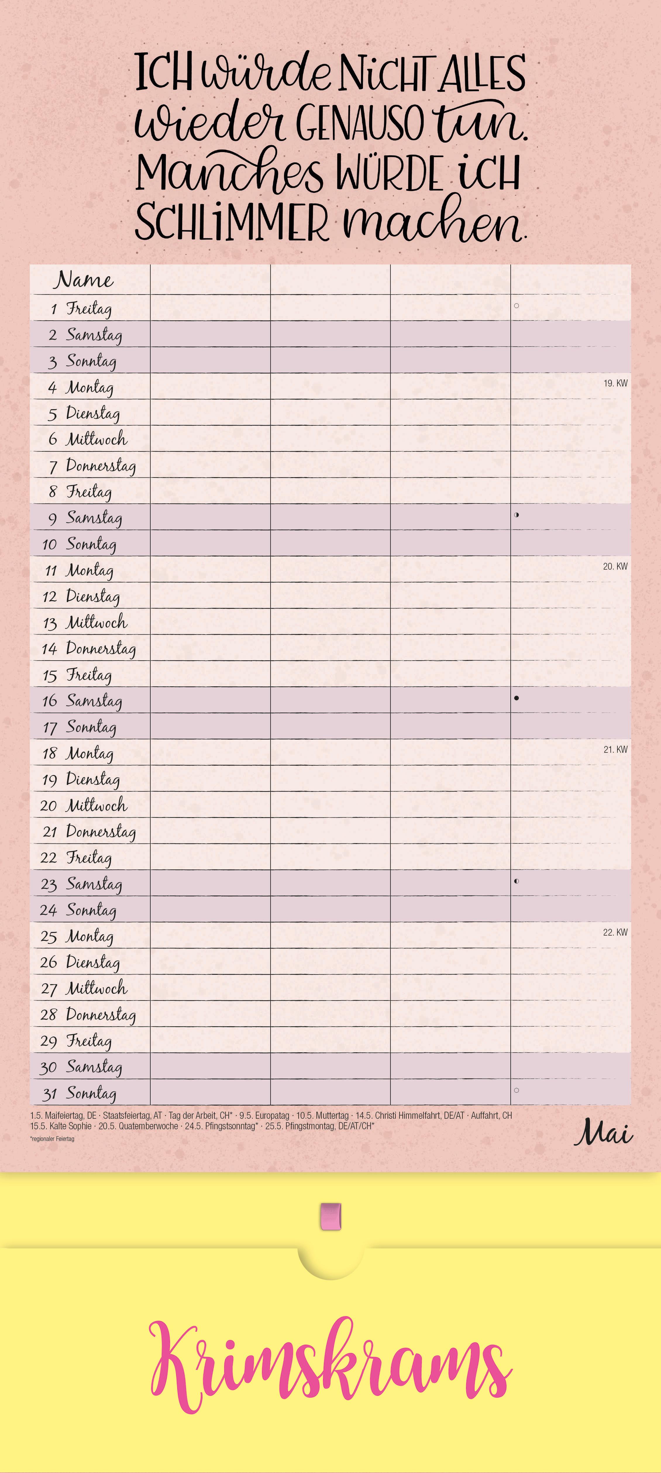 Beispielinhalt (Bild) Familienplaner Krimskrams mit Tasche 2026 - 4 Spalten - Familienkalender 22x49 cm - mit Ferienterminen - Stundenplänen - Wandkalender - Wandplaner