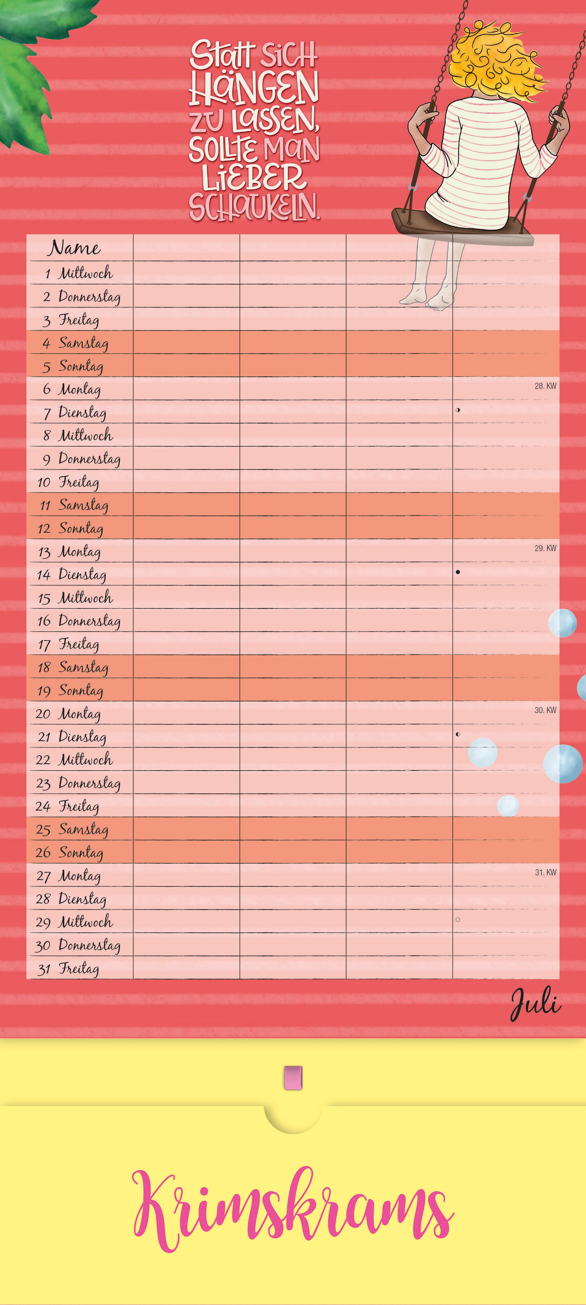 Beispielinhalt (Bild) Familienplaner Krimskrams mit Tasche 2026 - 4 Spalten - Familienkalender 22x49 cm - mit Ferienterminen - Stundenplänen - Wandkalender - Wandplaner